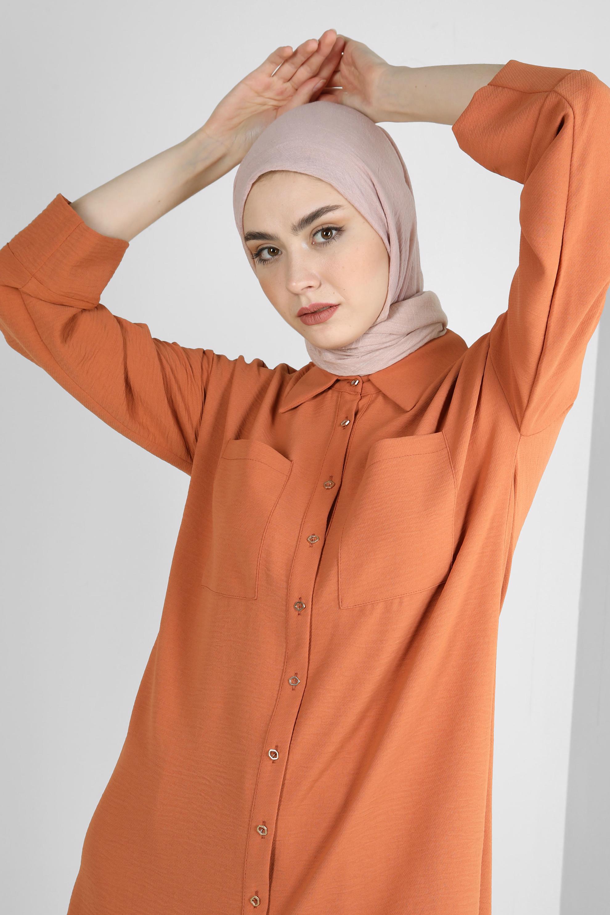 Tesettür giyim TABA GÖMLEK YAKA BELİ LASTİKLİ İKİLİ PANTOLONLU TAKIM 43820