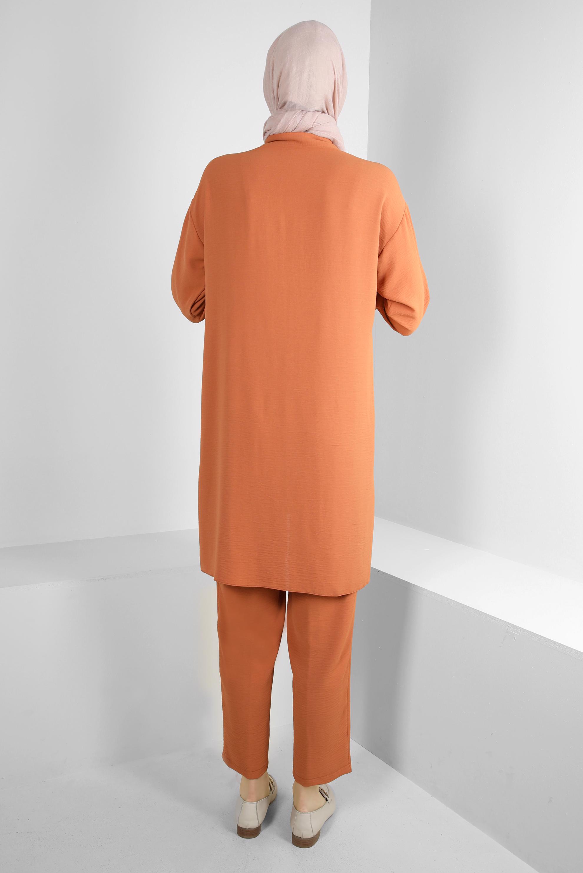 Tesettür giyim TABA GÖMLEK YAKA BELİ LASTİKLİ İKİLİ PANTOLONLU TAKIM 43820