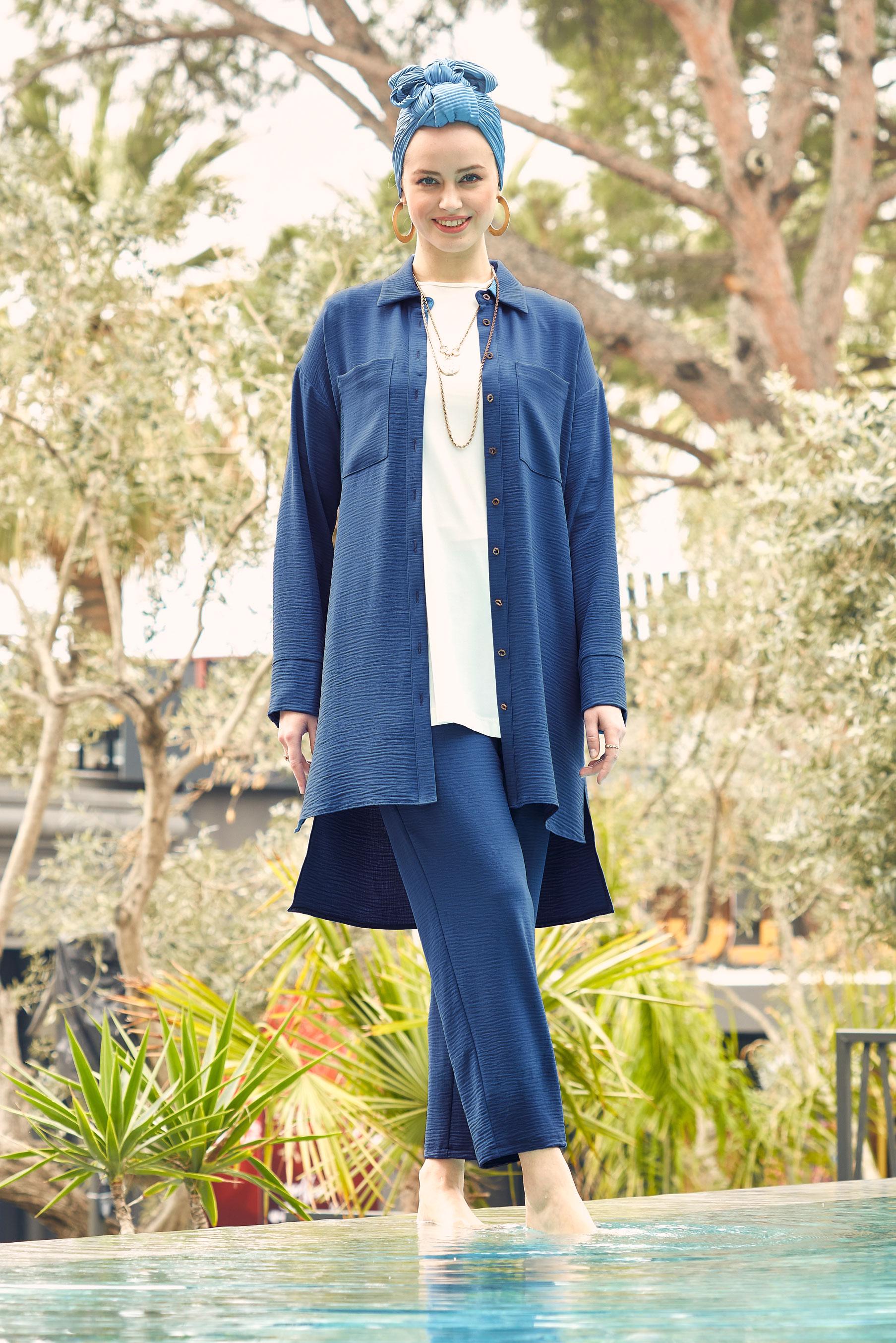 Tesettür giyim LACİVERT GÖMLEK YAKA BELİ LASTİKLİ İKİLİ PANTOLONLU TAKIM 43820