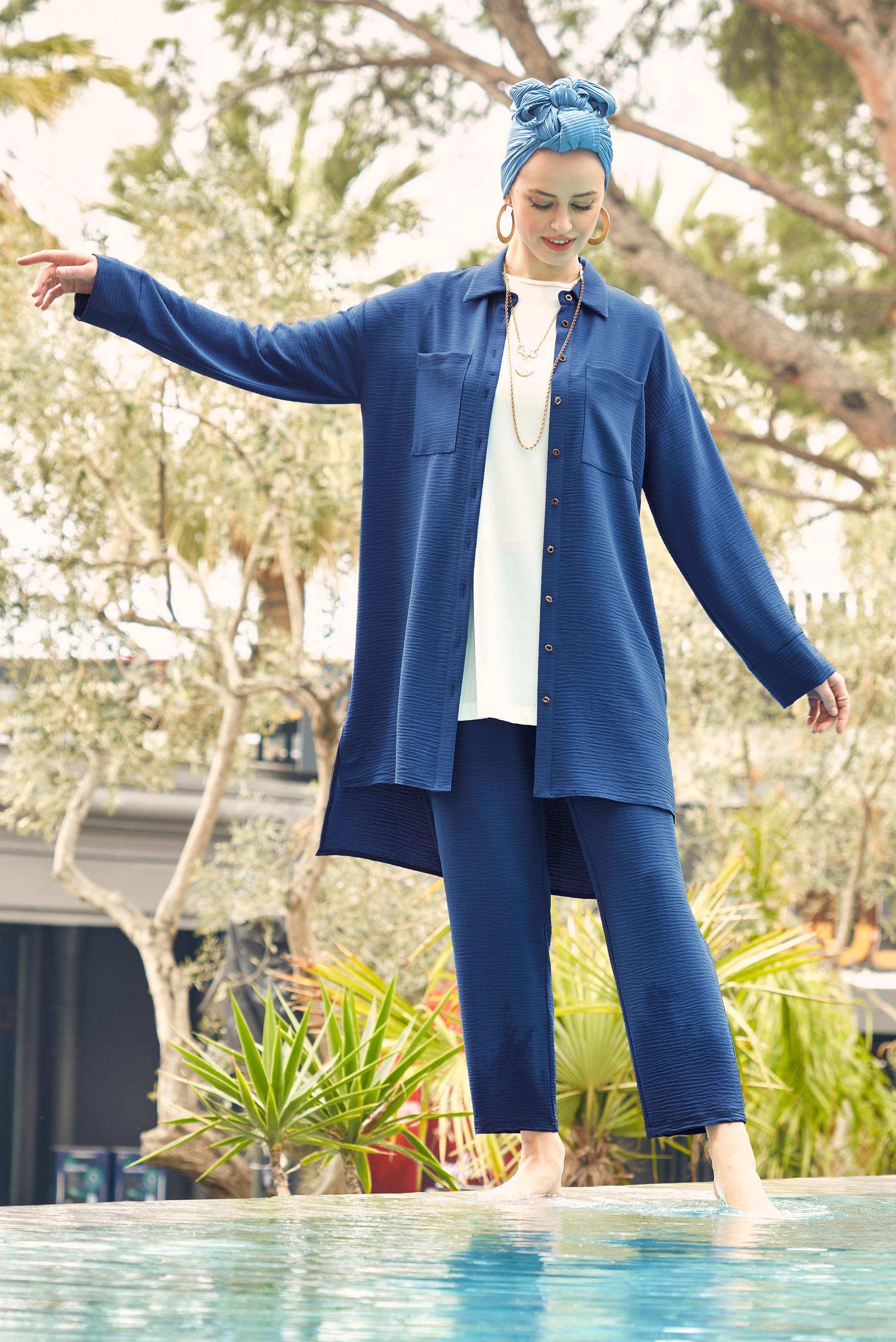 Tesettür giyim LACİVERT GÖMLEK YAKA BELİ LASTİKLİ İKİLİ PANTOLONLU TAKIM 43820