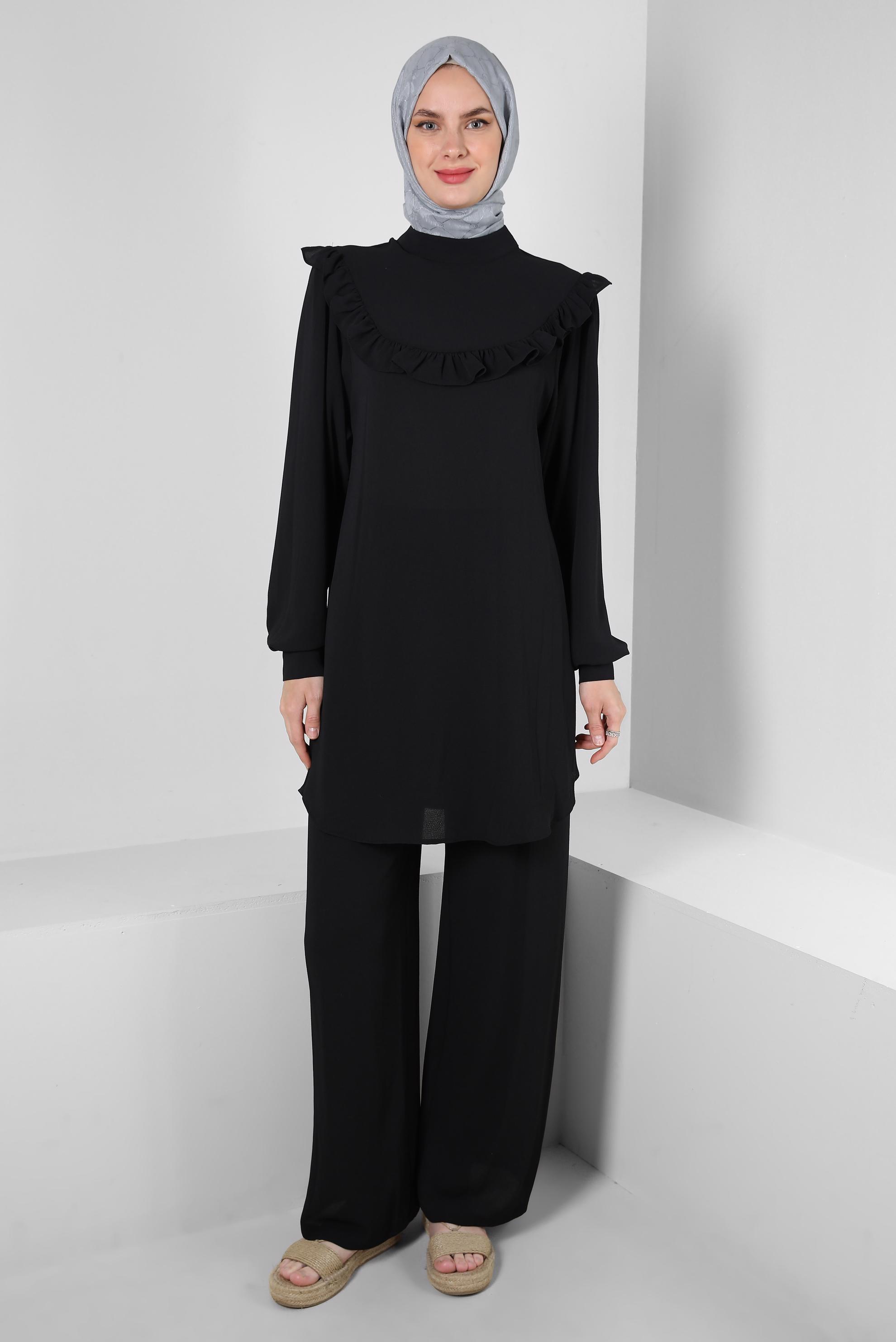 Tesettür giyim SİYAH FIRFIR DETAYLI BALON KOL PANTOLONLU TAKIM 43861