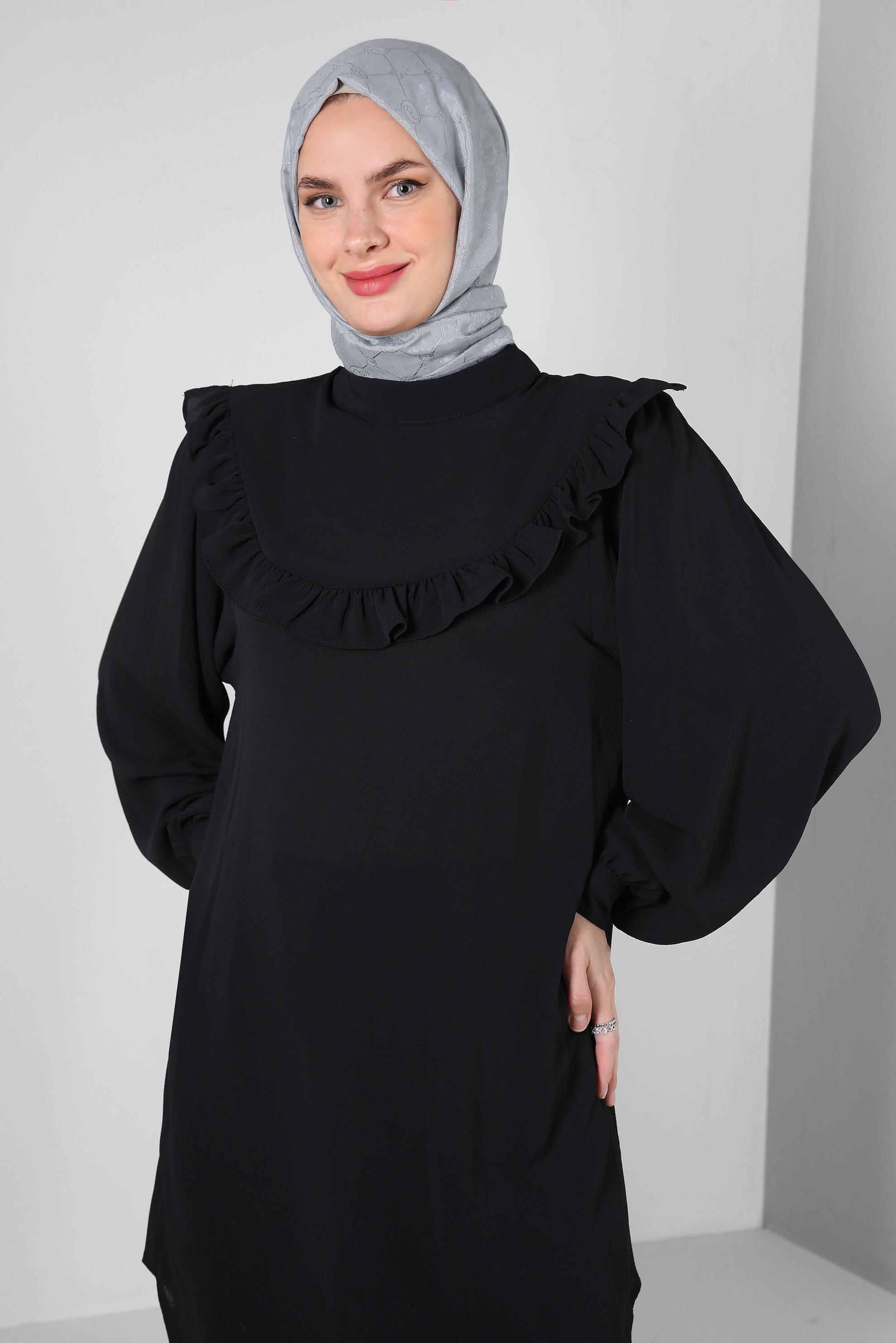Tesettür giyim SİYAH FIRFIR DETAYLI BALON KOL PANTOLONLU TAKIM 43861
