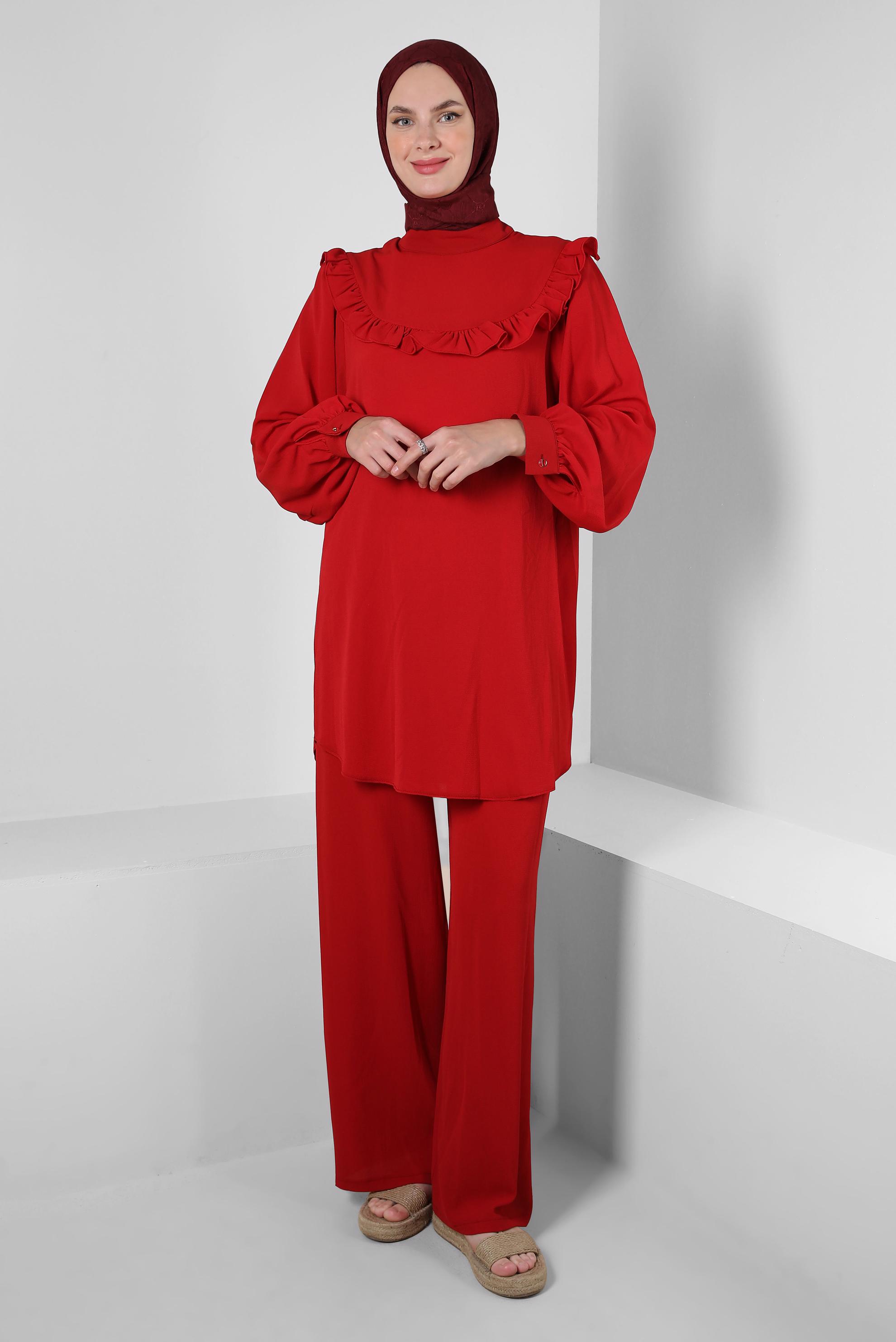 Tesettür giyim KIRMIZI FIRFIR DETAYLI BALON KOL PANTOLONLU TAKIM 43861
