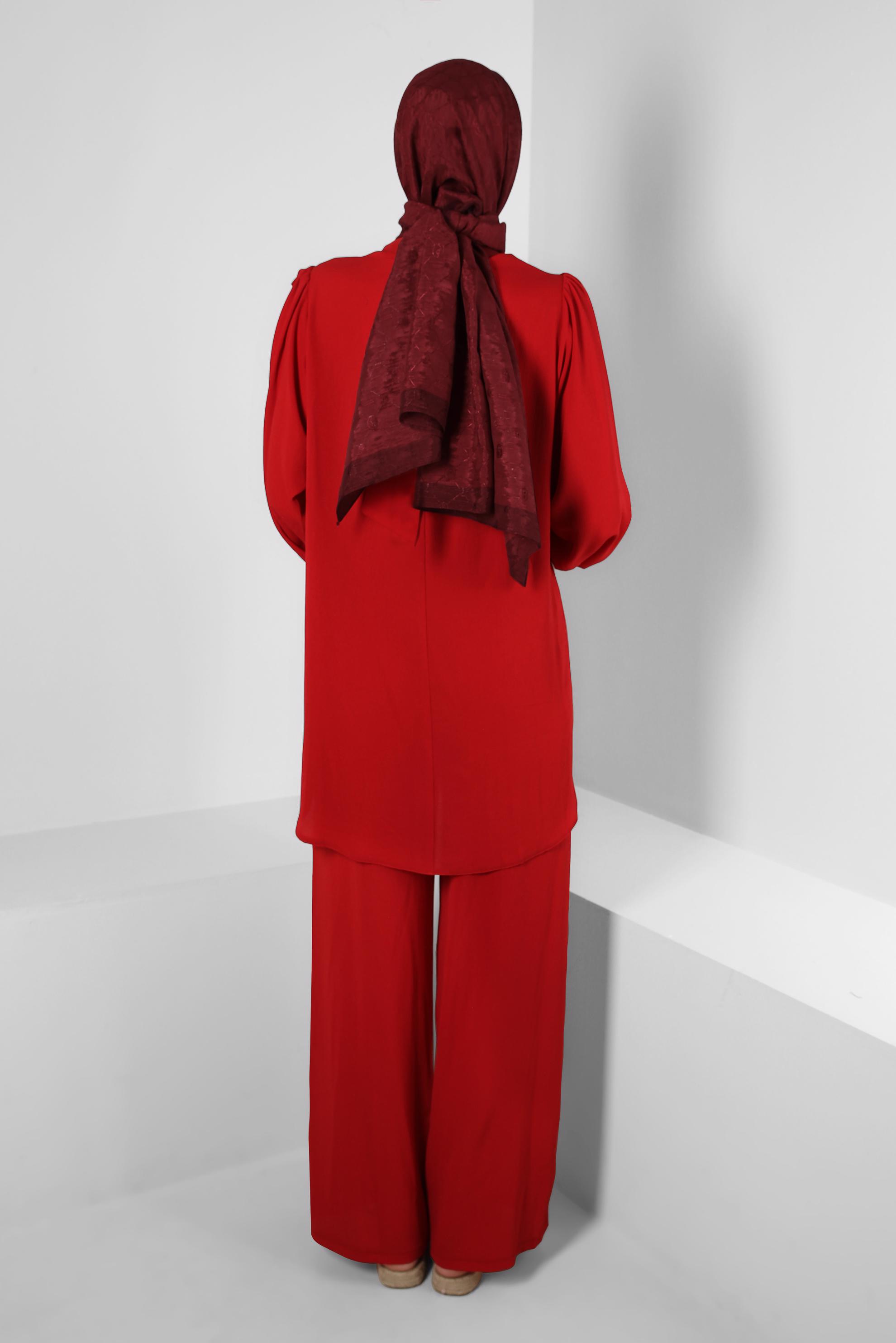 Tesettür giyim KIRMIZI FIRFIR DETAYLI BALON KOL PANTOLONLU TAKIM 43861