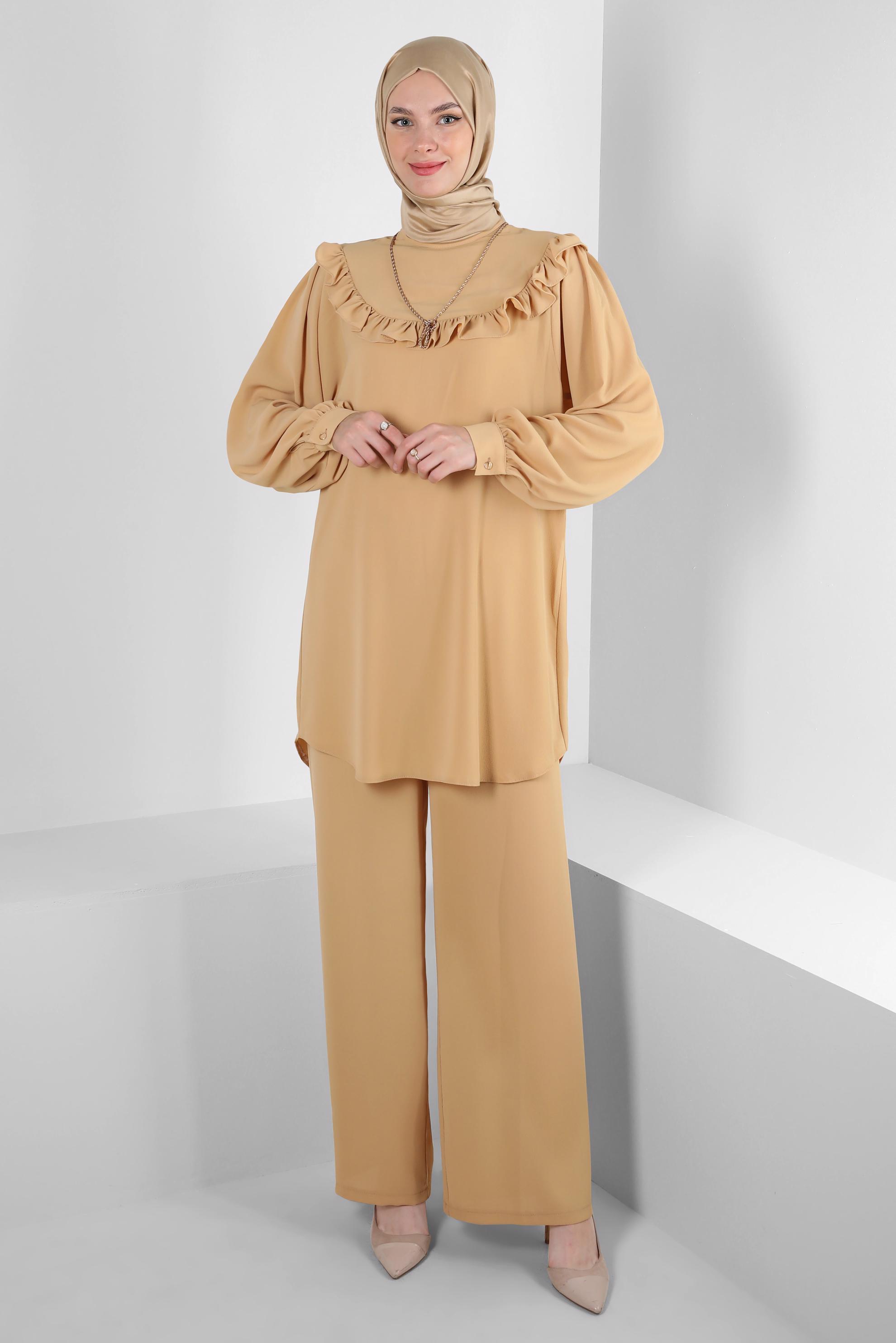 Tesettür giyim KAHVE FIRFIR DETAYLI BALON KOL PANTOLONLU TAKIM 43861