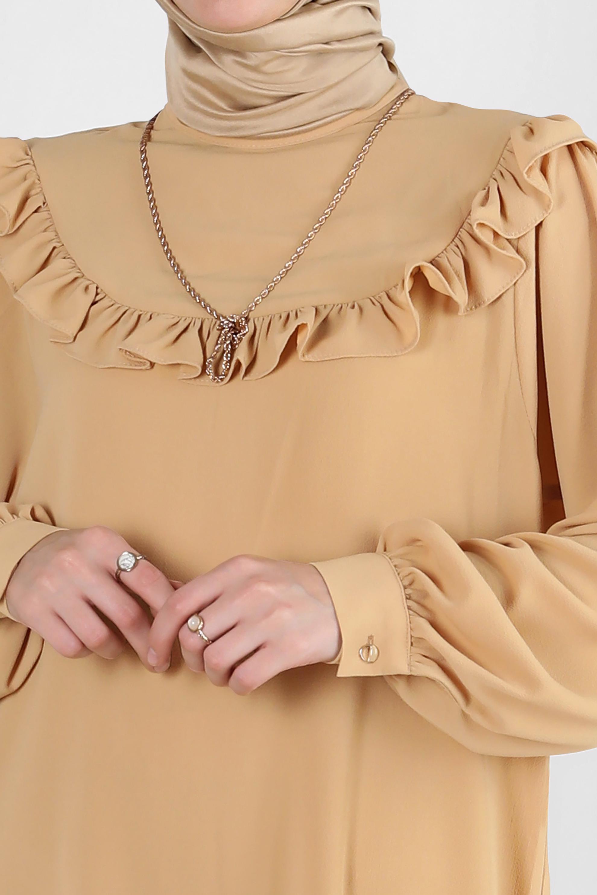 Tesettür giyim KAHVE FIRFIR DETAYLI BALON KOL PANTOLONLU TAKIM 43861