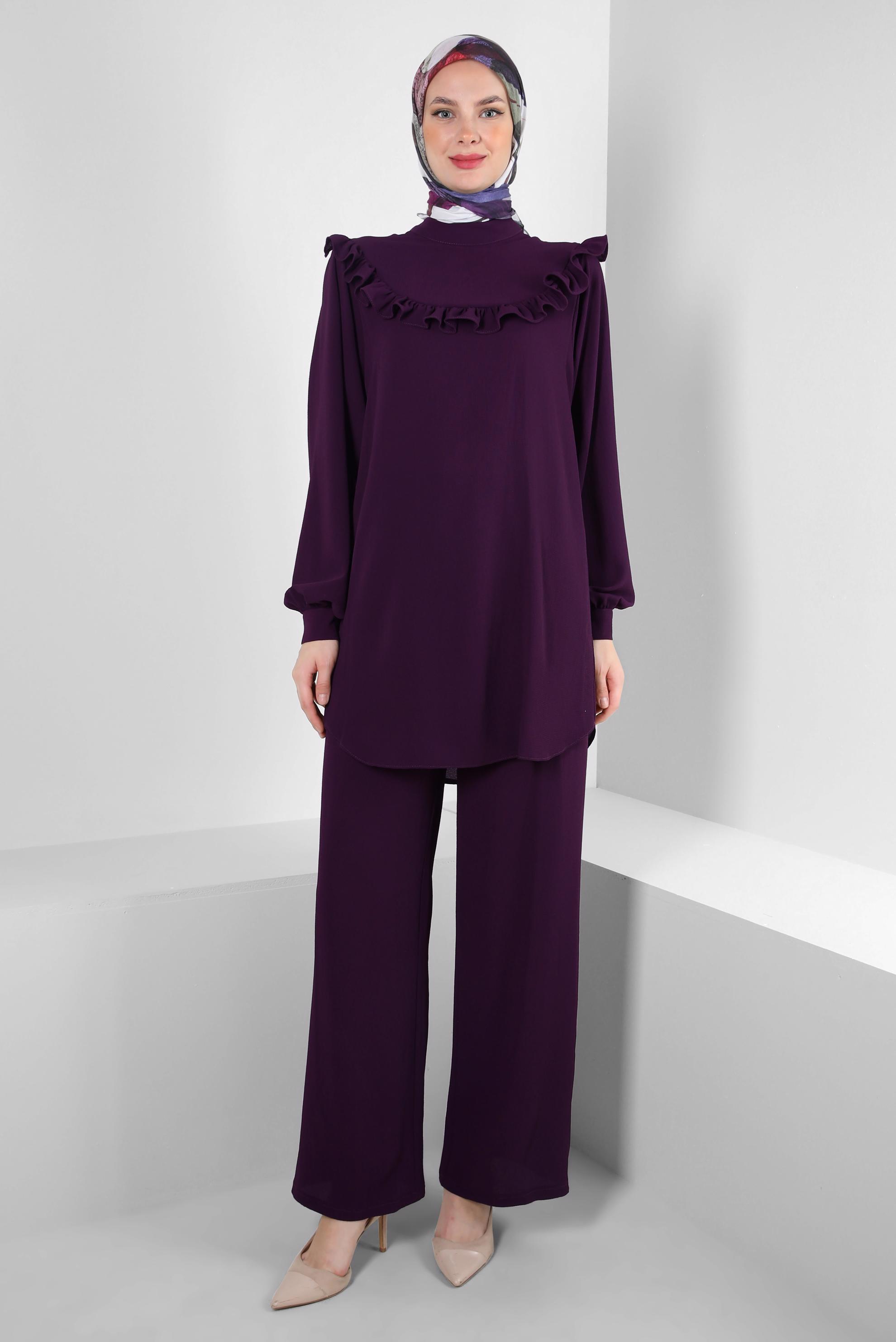 Tesettür giyim BORDO FIRFIR DETAYLI BALON KOL PANTOLONLU TAKIM 43861