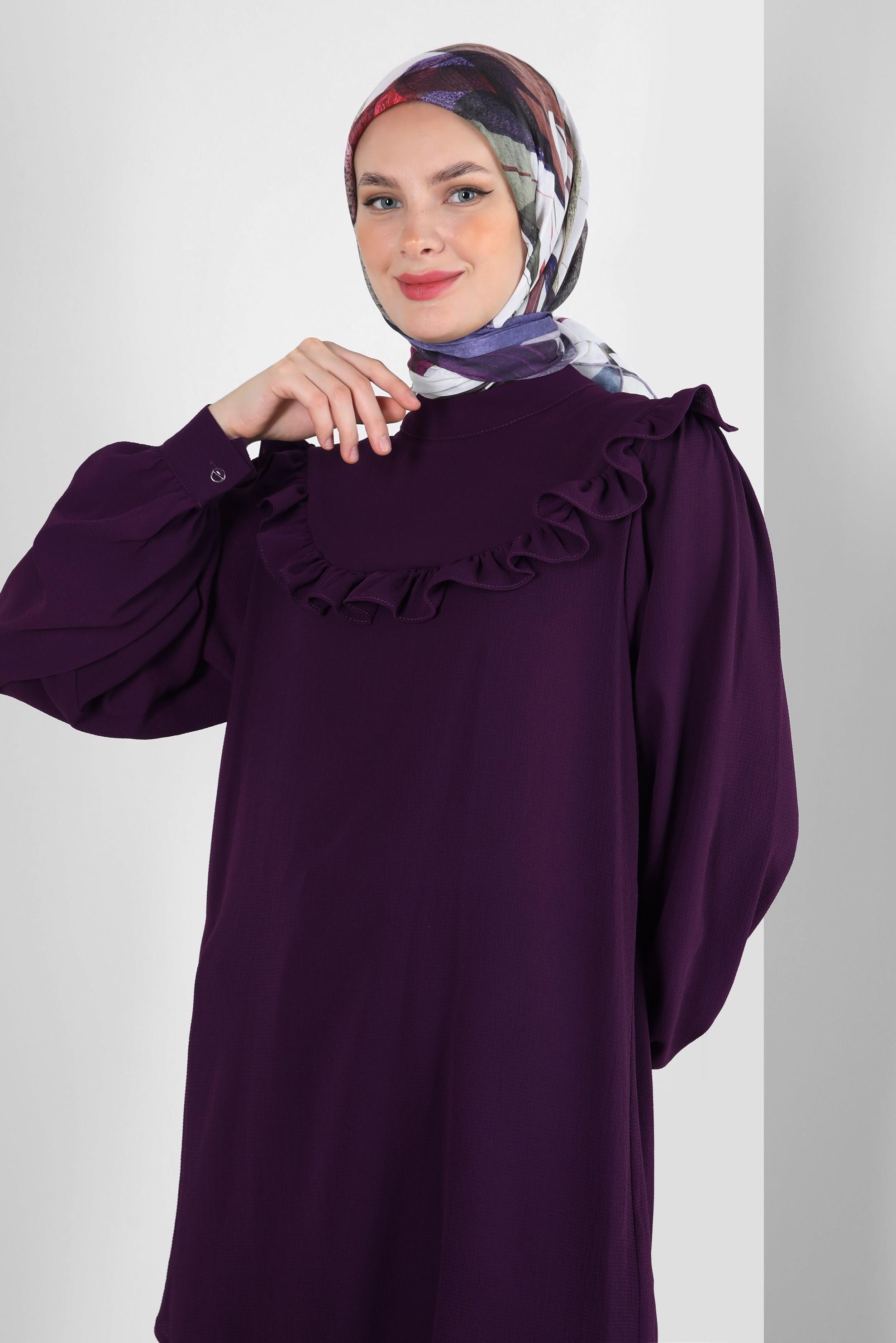 Tesettür giyim BORDO FIRFIR DETAYLI BALON KOL PANTOLONLU TAKIM 43861