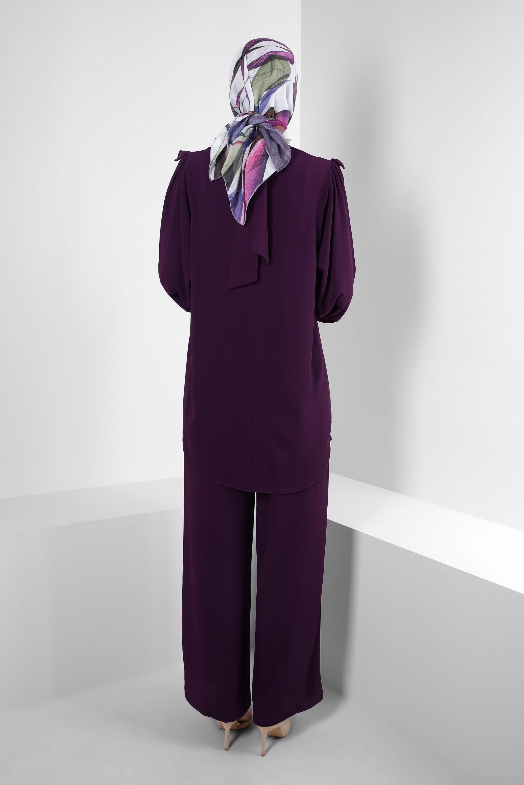 Tesettür giyim BORDO FIRFIR DETAYLI BALON KOL PANTOLONLU TAKIM 43861