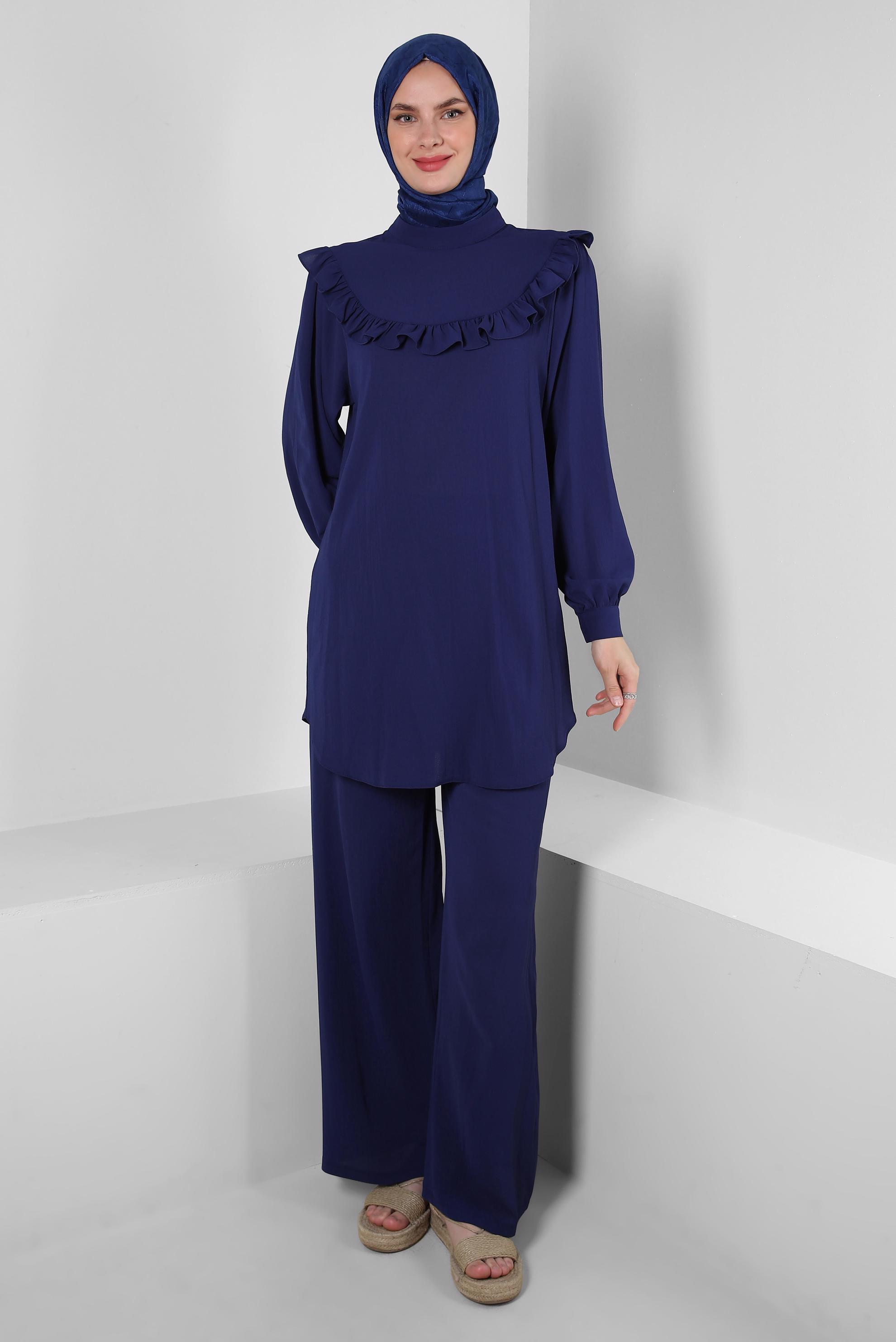 Tesettür giyim LACİVERT FIRFIR DETAYLI BALON KOL PANTOLONLU TAKIM 43861