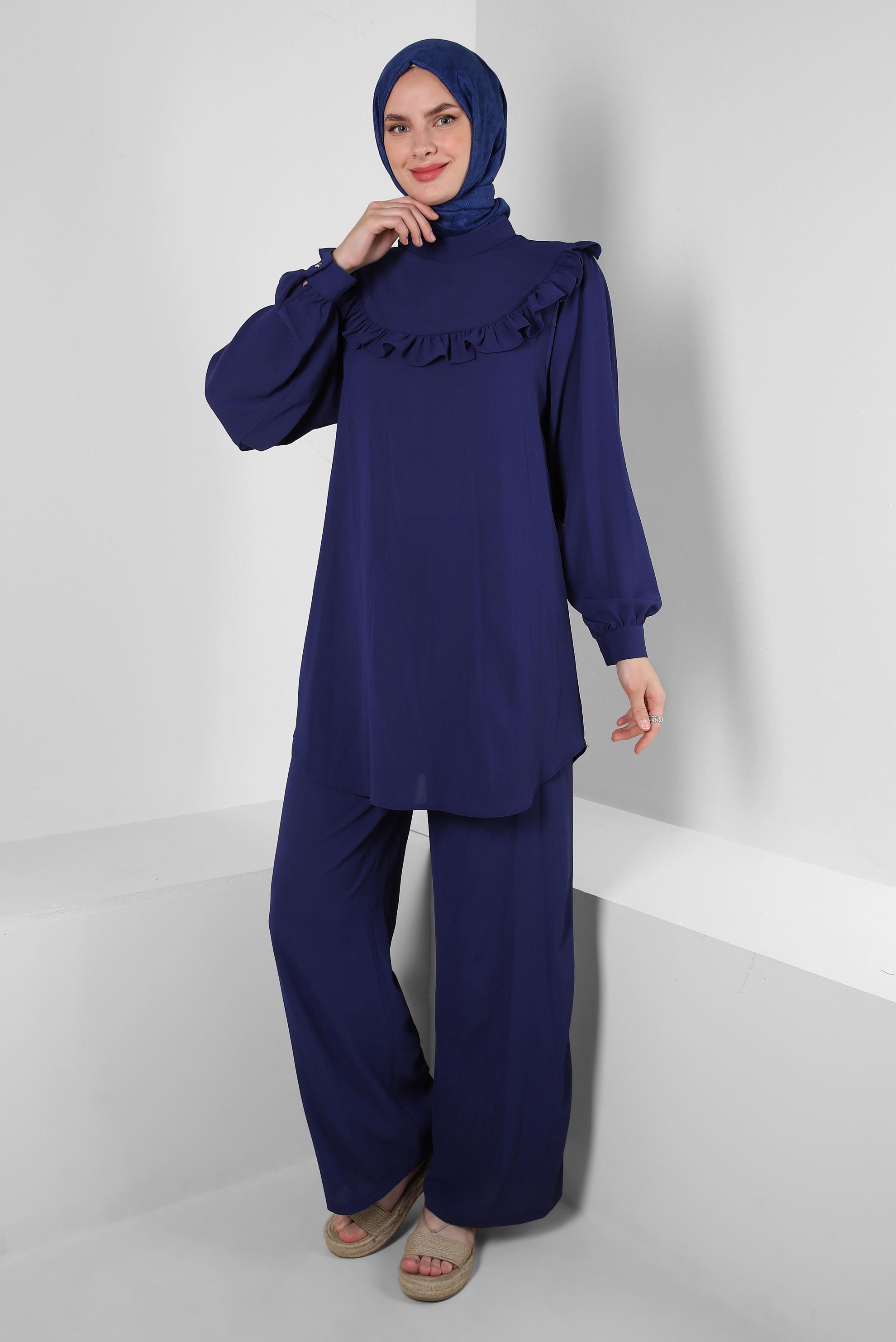 Tesettür giyim LACİVERT FIRFIR DETAYLI BALON KOL PANTOLONLU TAKIM 43861