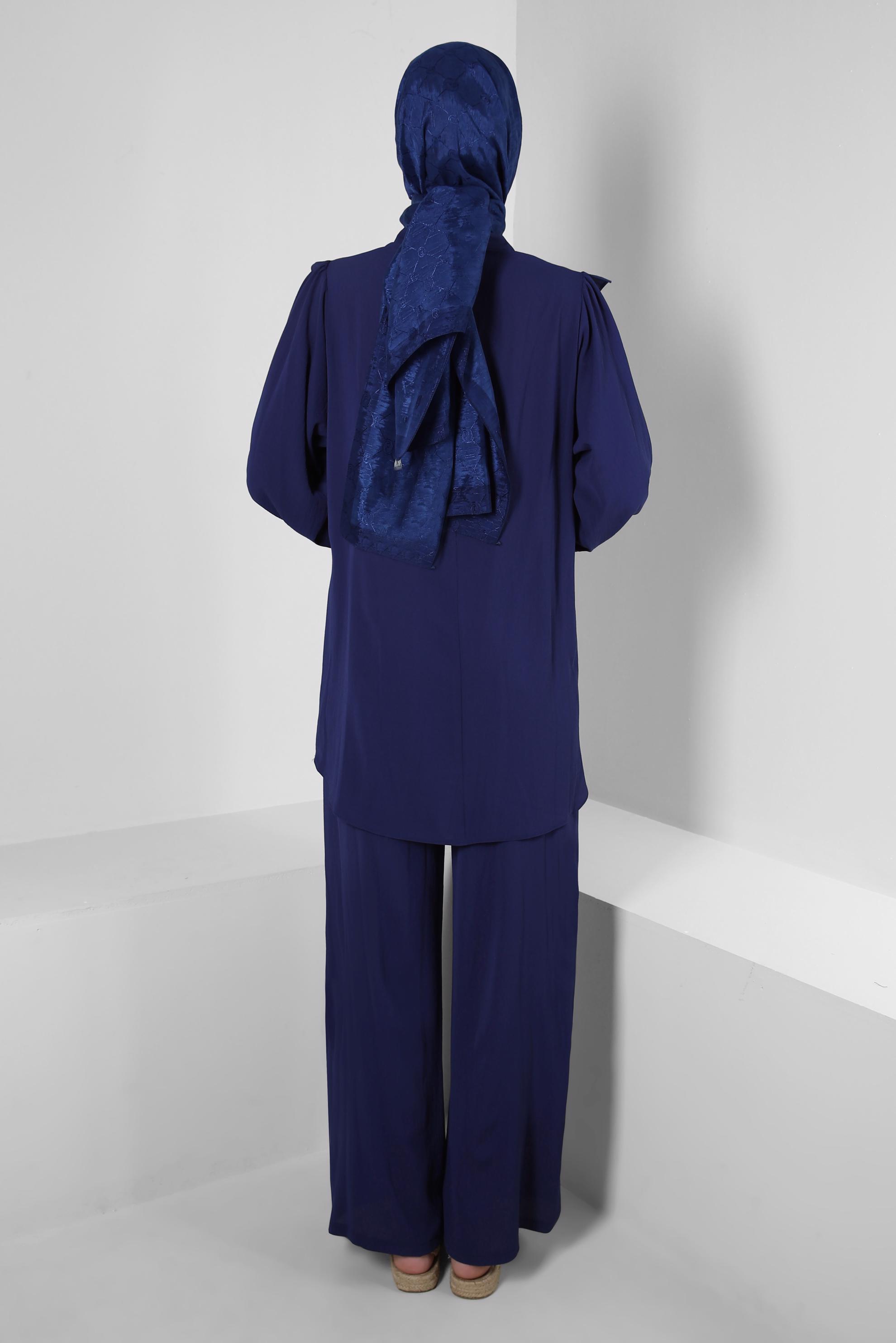 Tesettür giyim LACİVERT FIRFIR DETAYLI BALON KOL PANTOLONLU TAKIM 43861