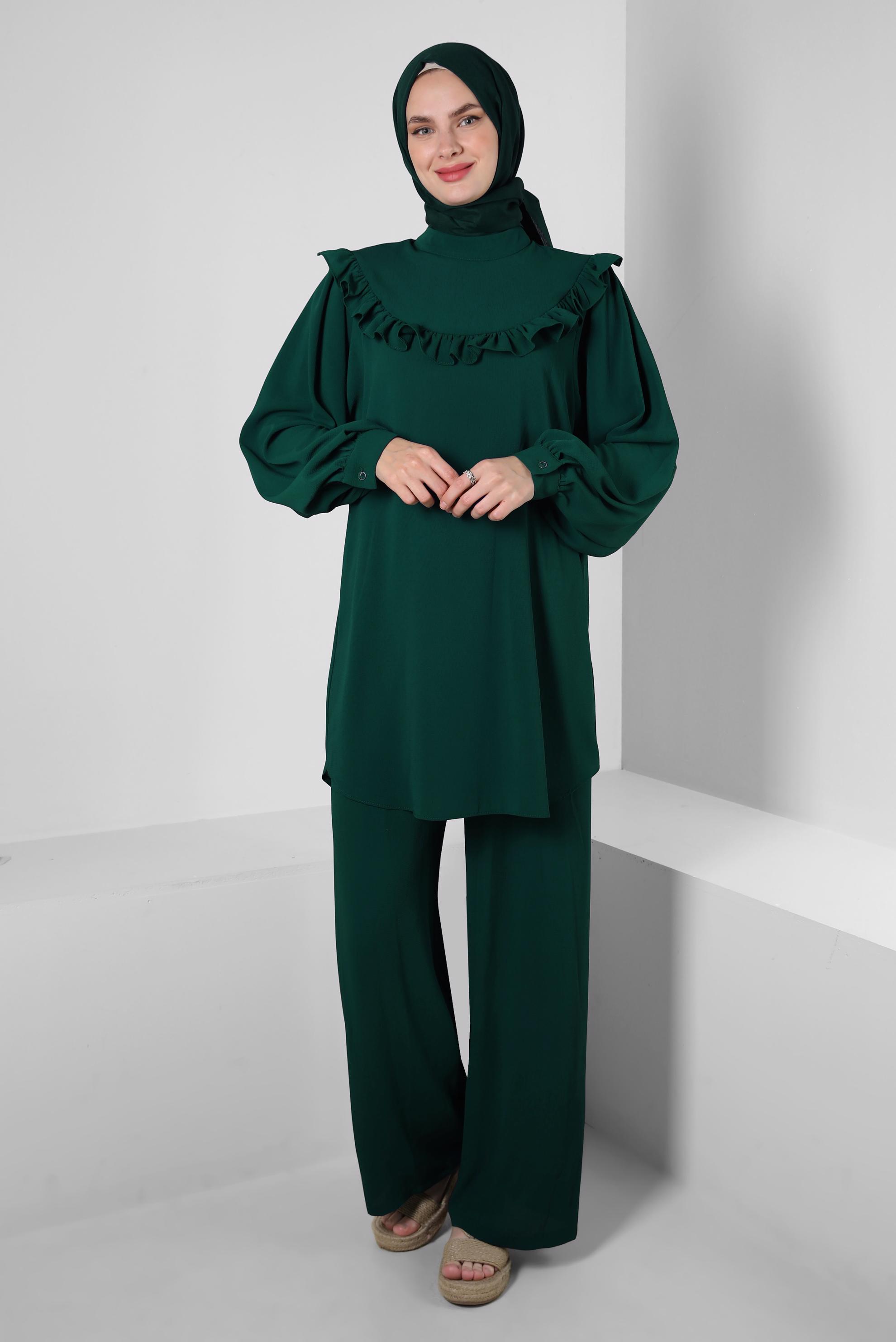 Tesettür giyim YEŞİL FIRFIR DETAYLI BALON KOL PANTOLONLU TAKIM 43861