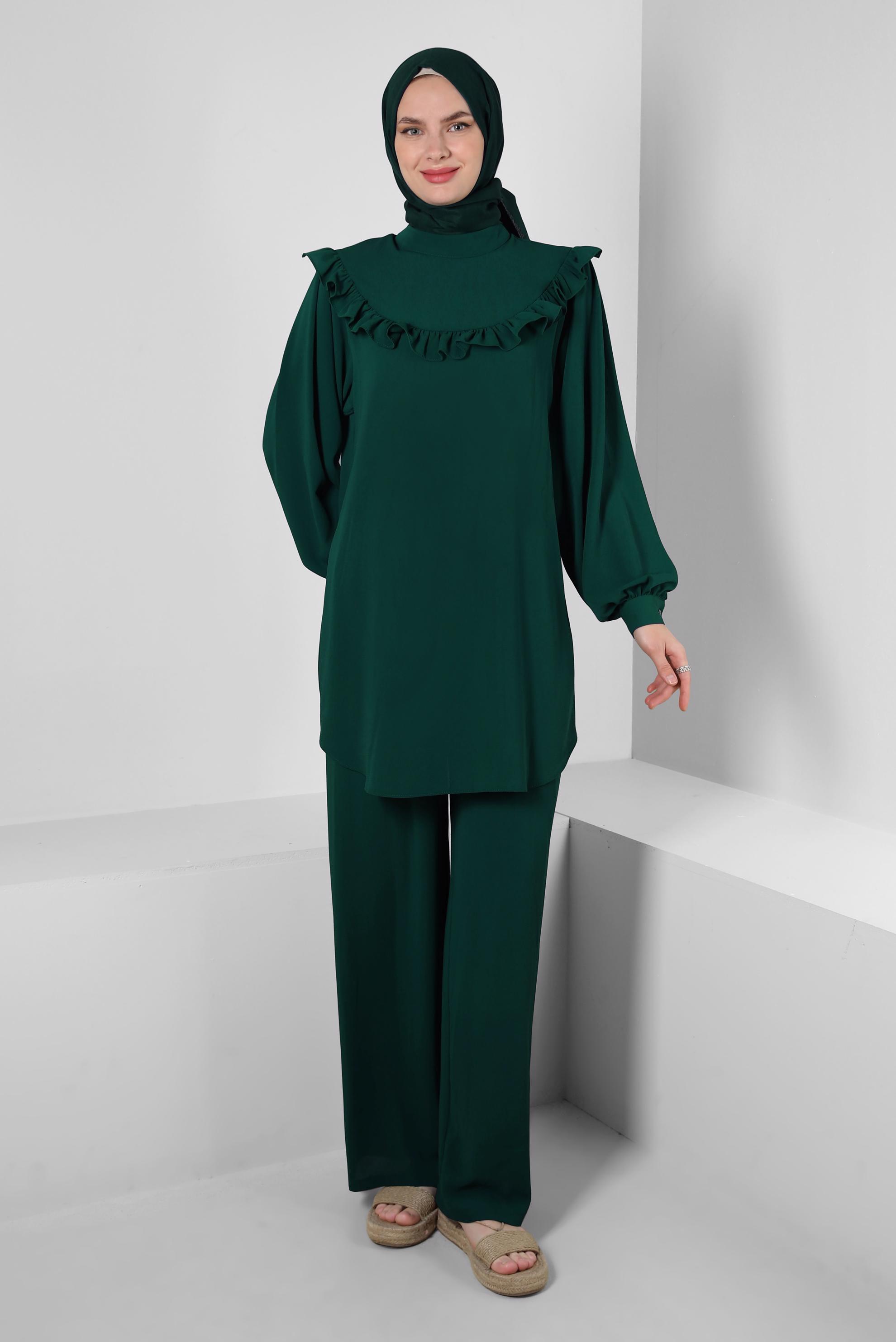 Tesettür giyim YEŞİL FIRFIR DETAYLI BALON KOL PANTOLONLU TAKIM 43861