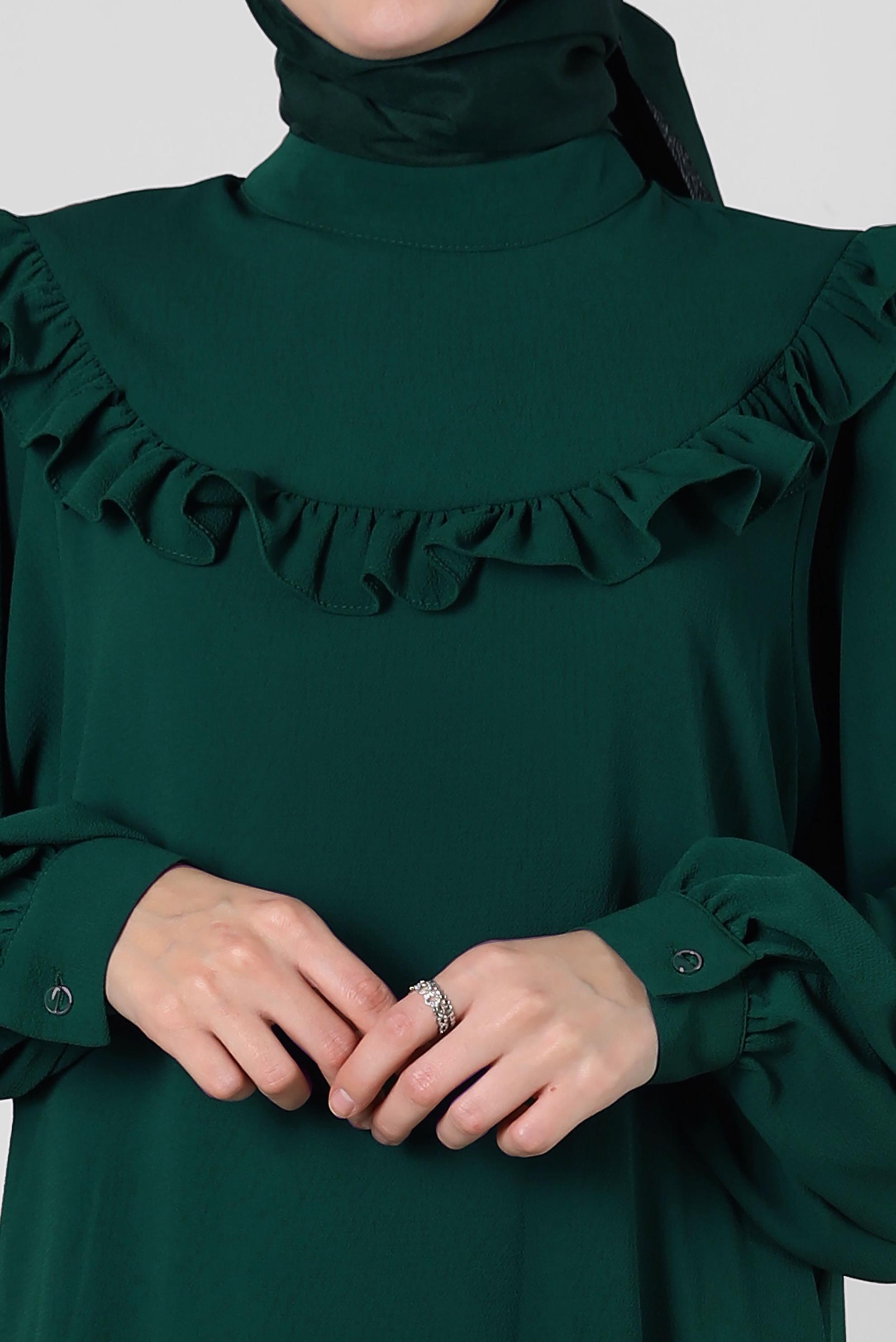 Tesettür giyim YEŞİL FIRFIR DETAYLI BALON KOL PANTOLONLU TAKIM 43861