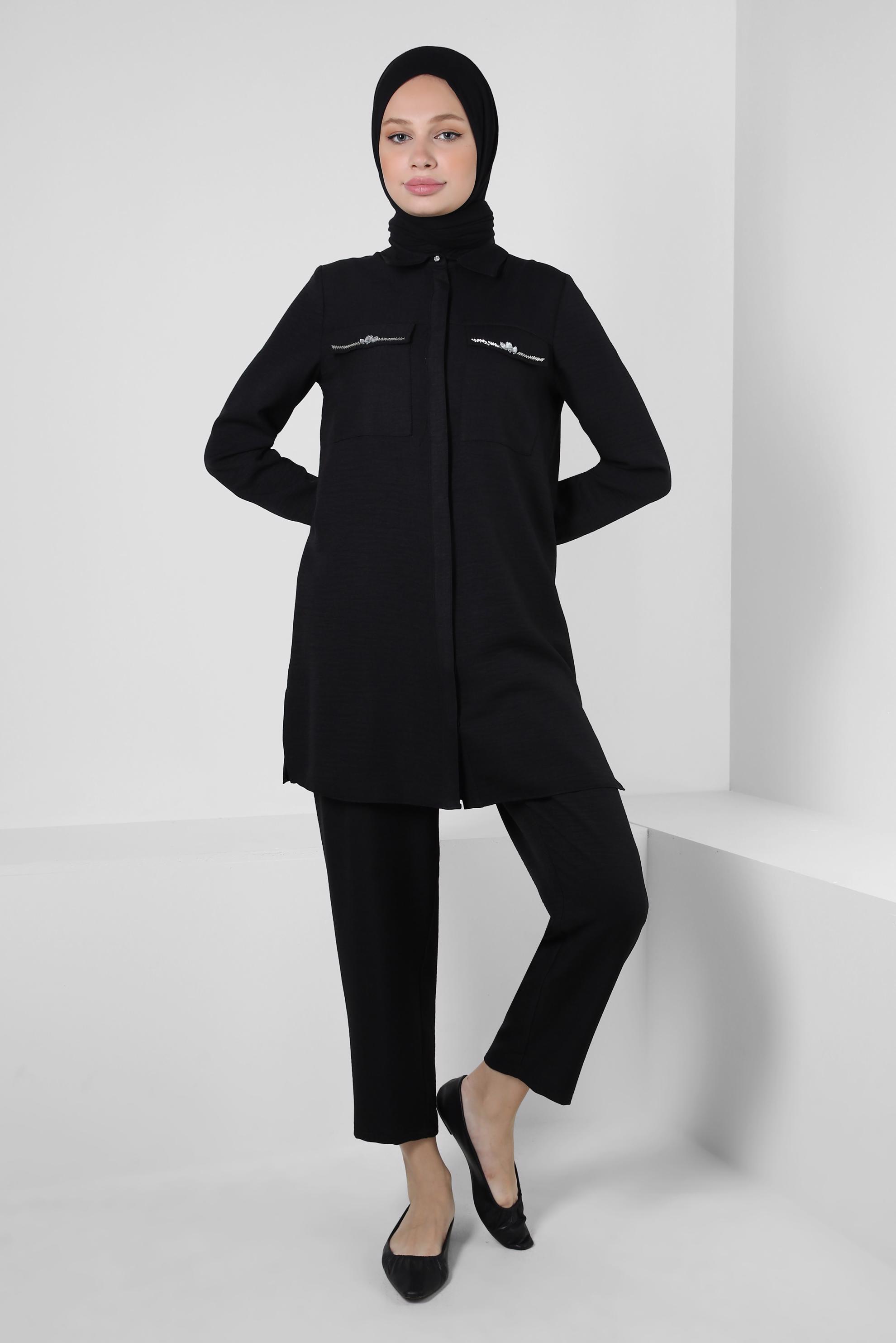 Tesettür giyim SİYAH TAŞ DETAYLI BELİ LASTİKLİ İKİLİ PANTOLONLU TAKIM 43909