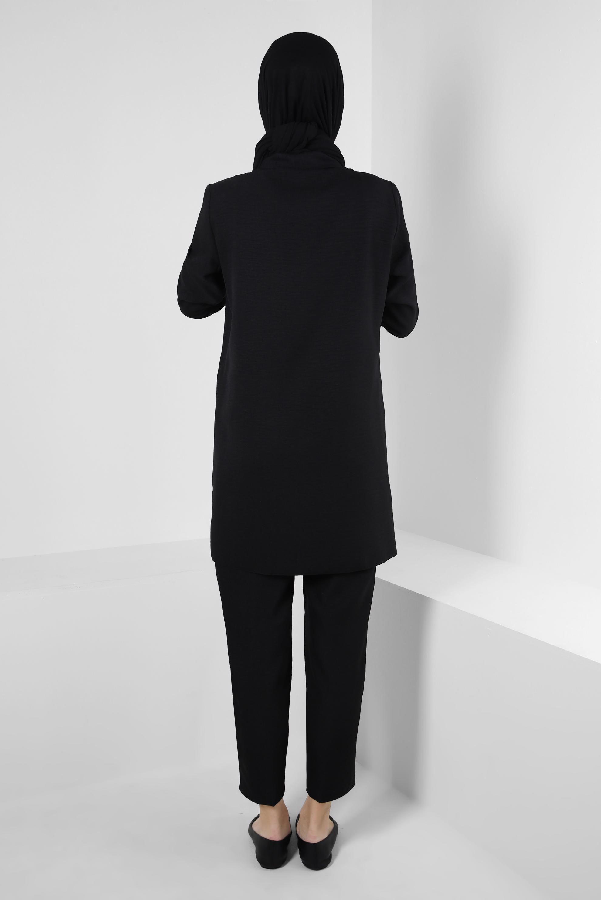 Tesettür giyim SİYAH TAŞ DETAYLI BELİ LASTİKLİ İKİLİ PANTOLONLU TAKIM 43909