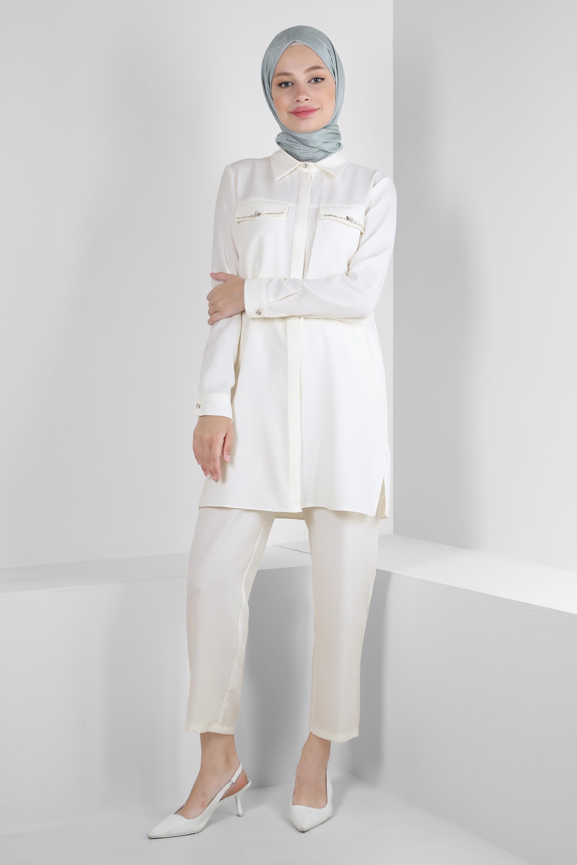 Tesettür giyim BEYAZ TAŞ DETAYLI BELİ LASTİKLİ İKİLİ PANTOLONLU TAKIM 43909