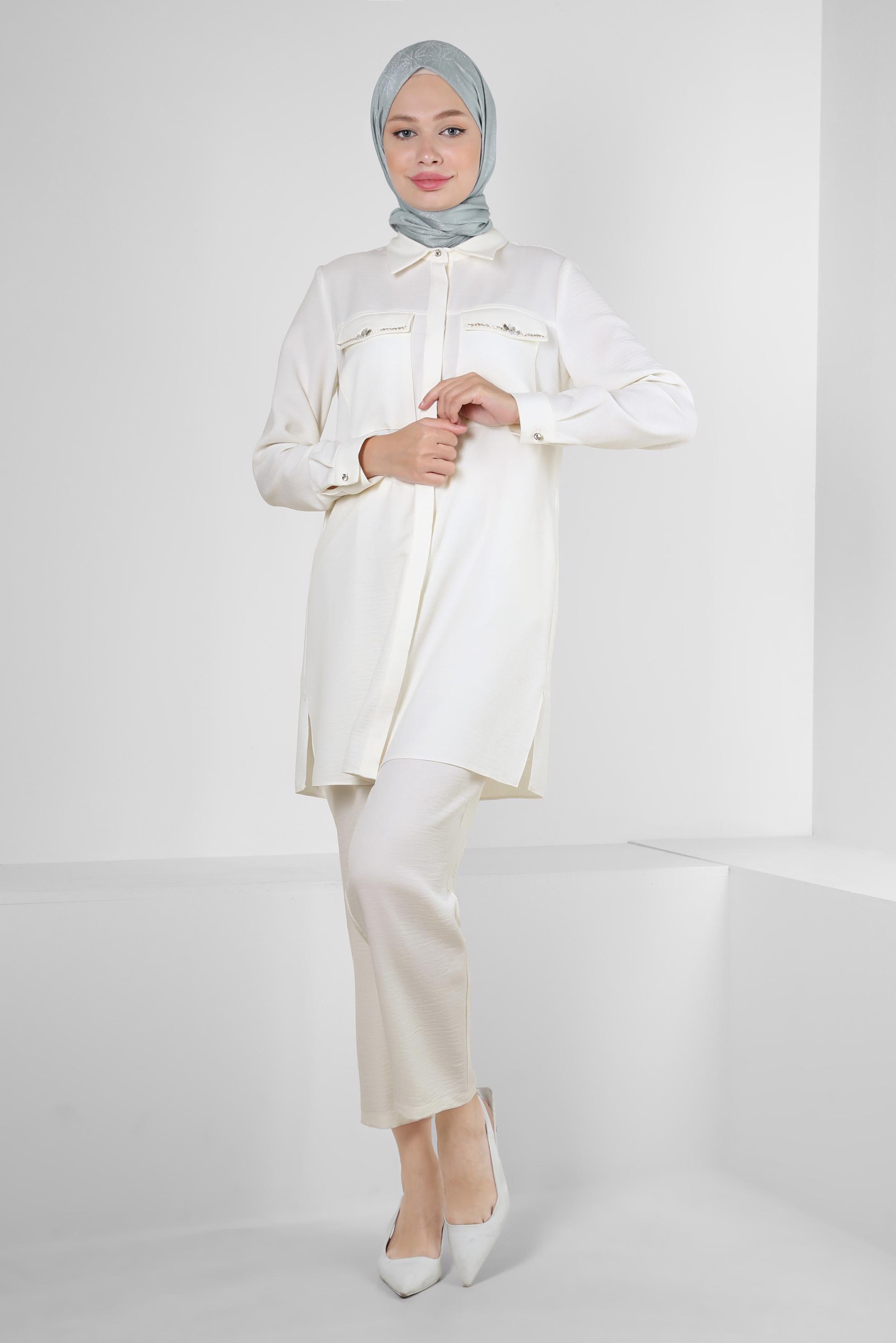 Tesettür giyim BEYAZ TAŞ DETAYLI BELİ LASTİKLİ İKİLİ PANTOLONLU TAKIM 43909