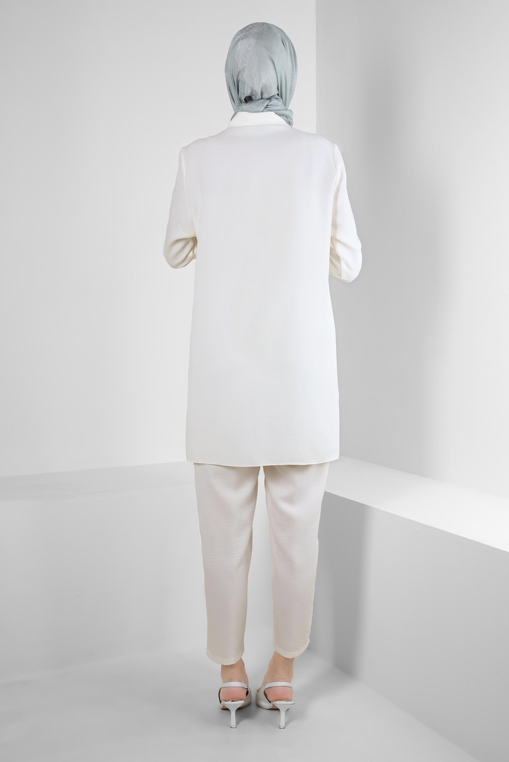 Tesettür giyim BEYAZ TAŞ DETAYLI BELİ LASTİKLİ İKİLİ PANTOLONLU TAKIM 43909