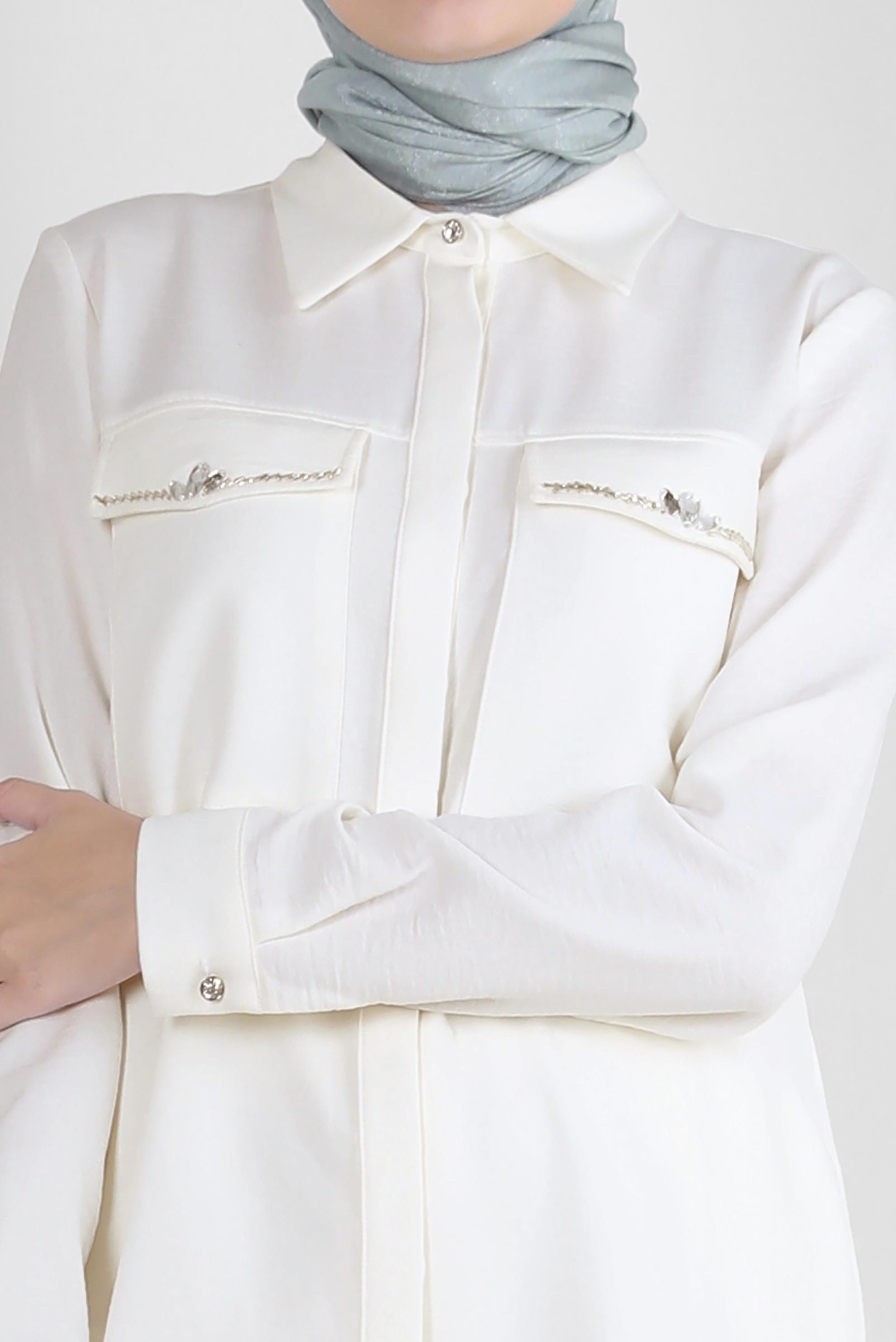 Tesettür giyim BEYAZ TAŞ DETAYLI BELİ LASTİKLİ İKİLİ PANTOLONLU TAKIM 43909