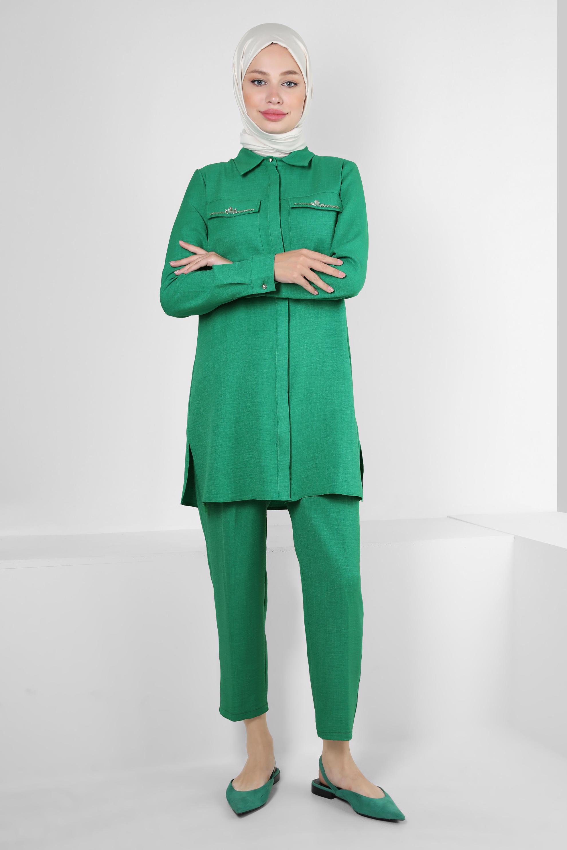 Tesettür giyim YEŞİL TAŞ DETAYLI BELİ LASTİKLİ İKİLİ PANTOLONLU TAKIM 43909