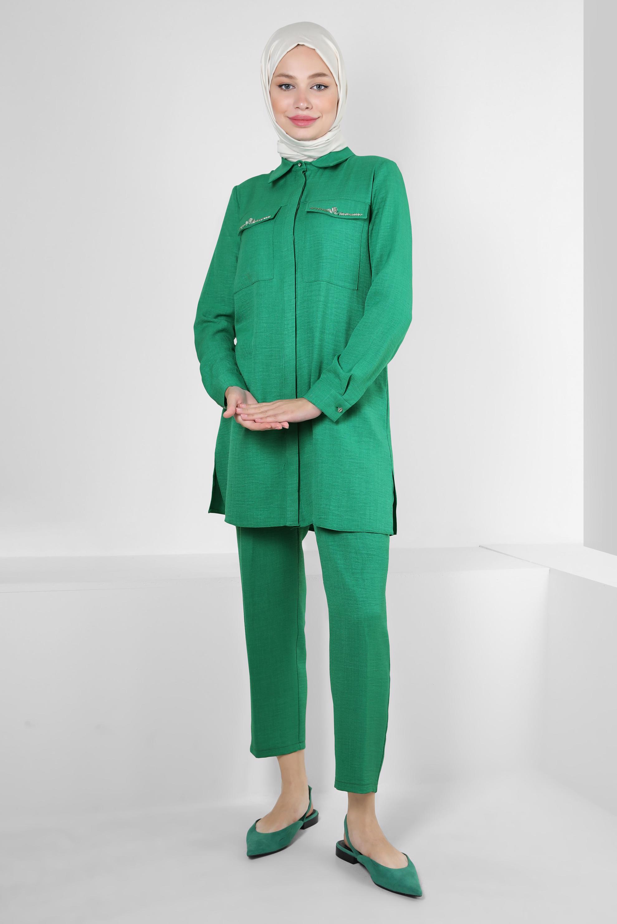 Tesettür giyim YEŞİL TAŞ DETAYLI BELİ LASTİKLİ İKİLİ PANTOLONLU TAKIM 43909