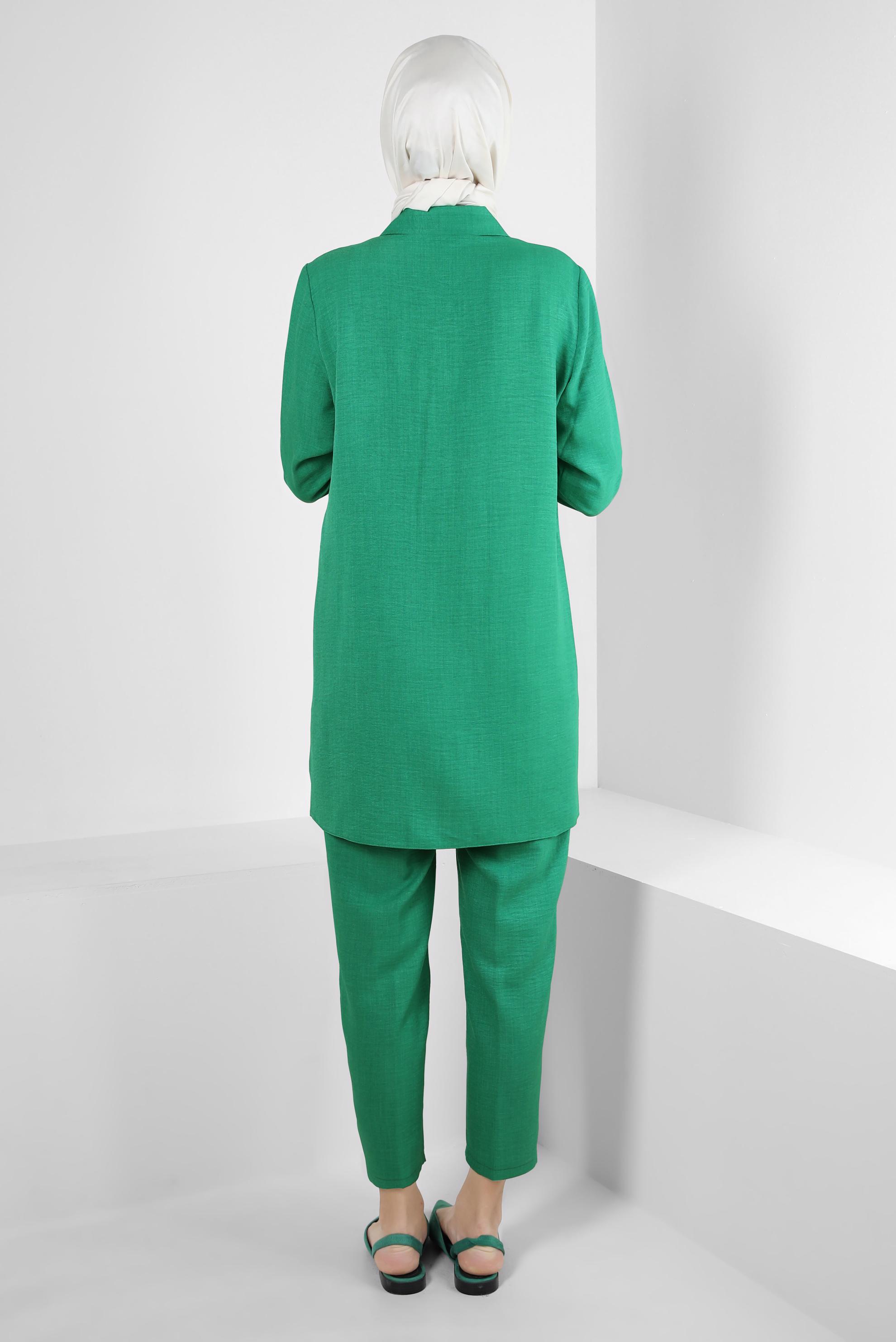 Tesettür giyim YEŞİL TAŞ DETAYLI BELİ LASTİKLİ İKİLİ PANTOLONLU TAKIM 43909