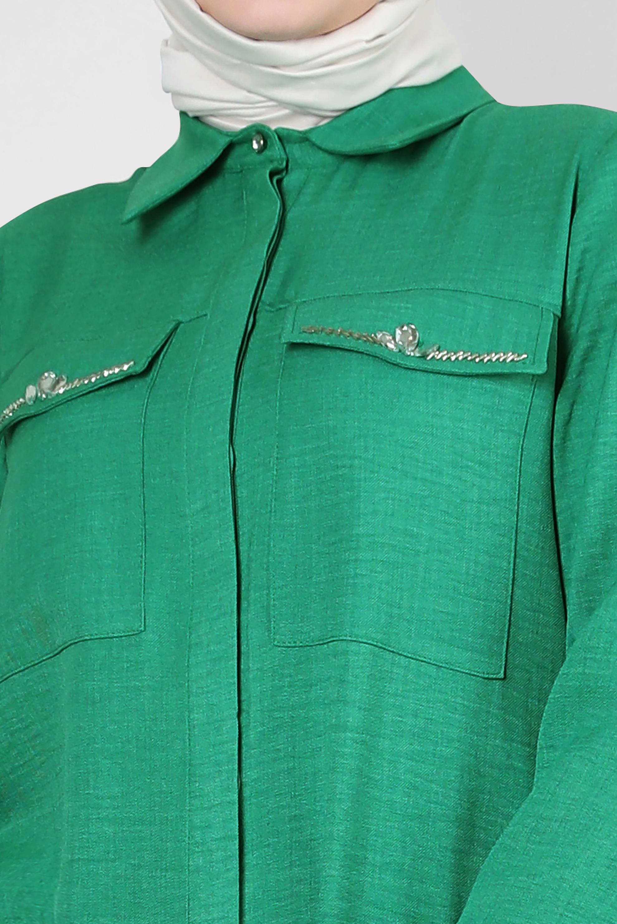 Tesettür giyim YEŞİL TAŞ DETAYLI BELİ LASTİKLİ İKİLİ PANTOLONLU TAKIM 43909