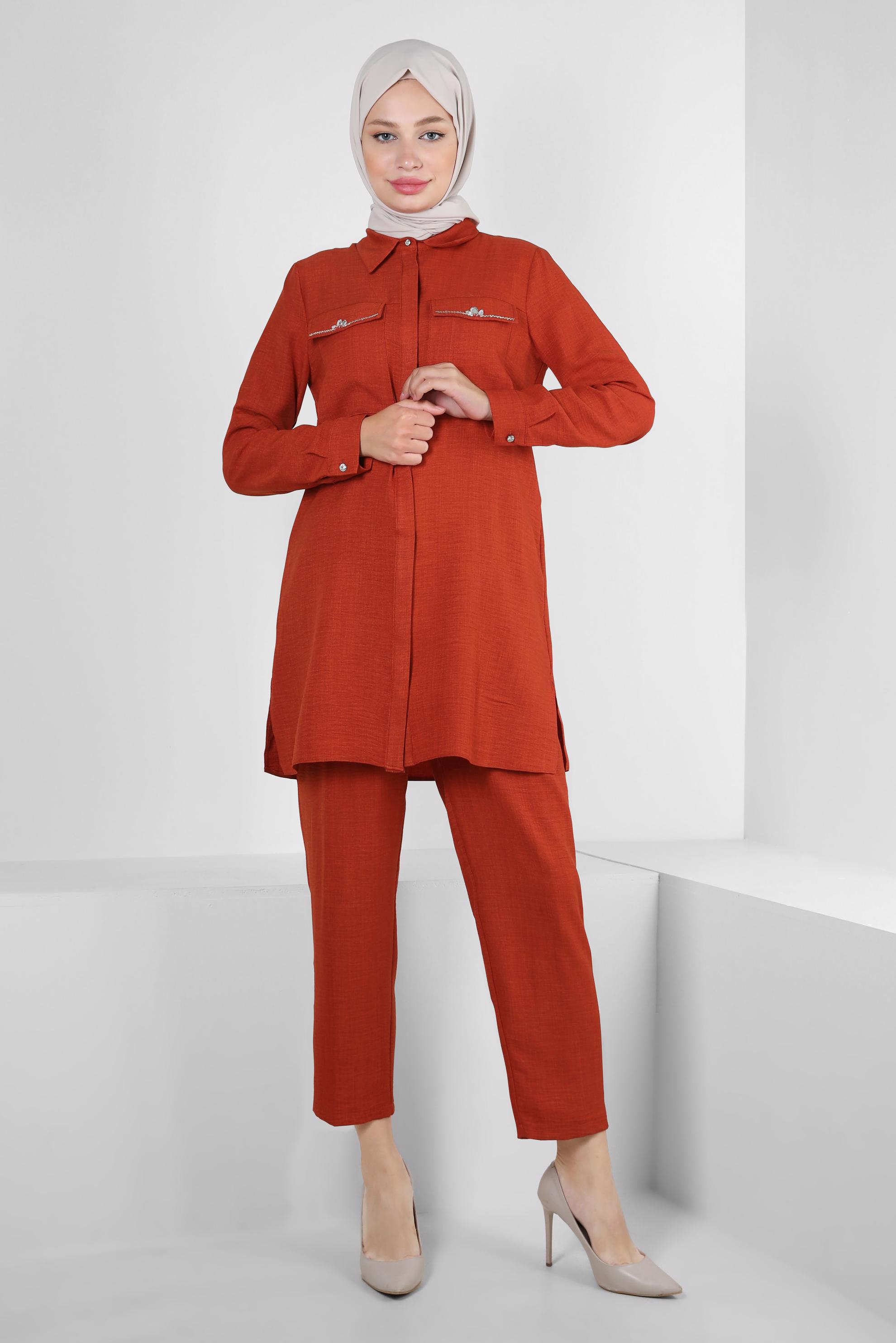 Tesettür giyim TURUNCU TAŞ DETAYLI BELİ LASTİKLİ İKİLİ PANTOLONLU TAKIM 43909