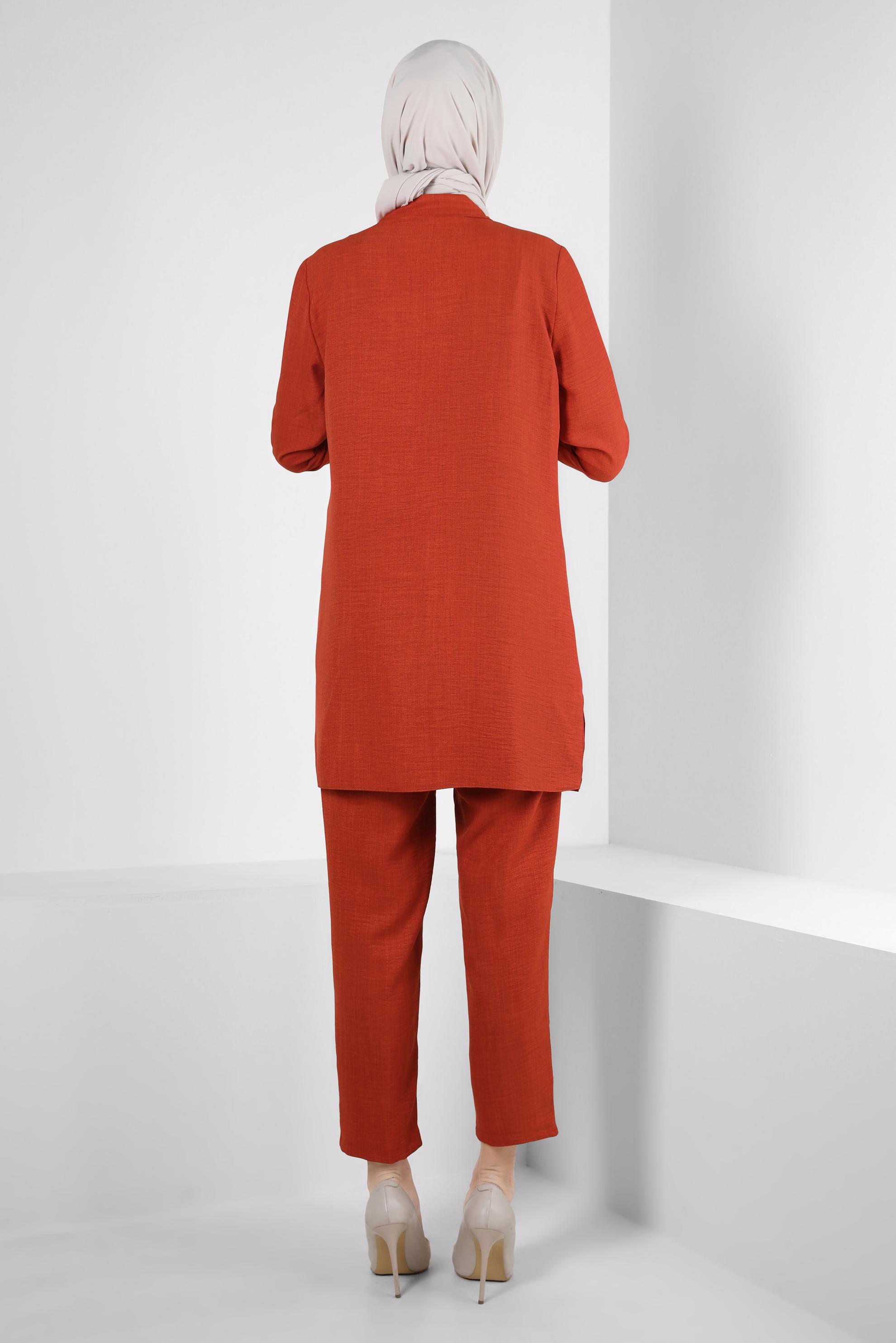 Tesettür giyim TURUNCU TAŞ DETAYLI BELİ LASTİKLİ İKİLİ PANTOLONLU TAKIM 43909