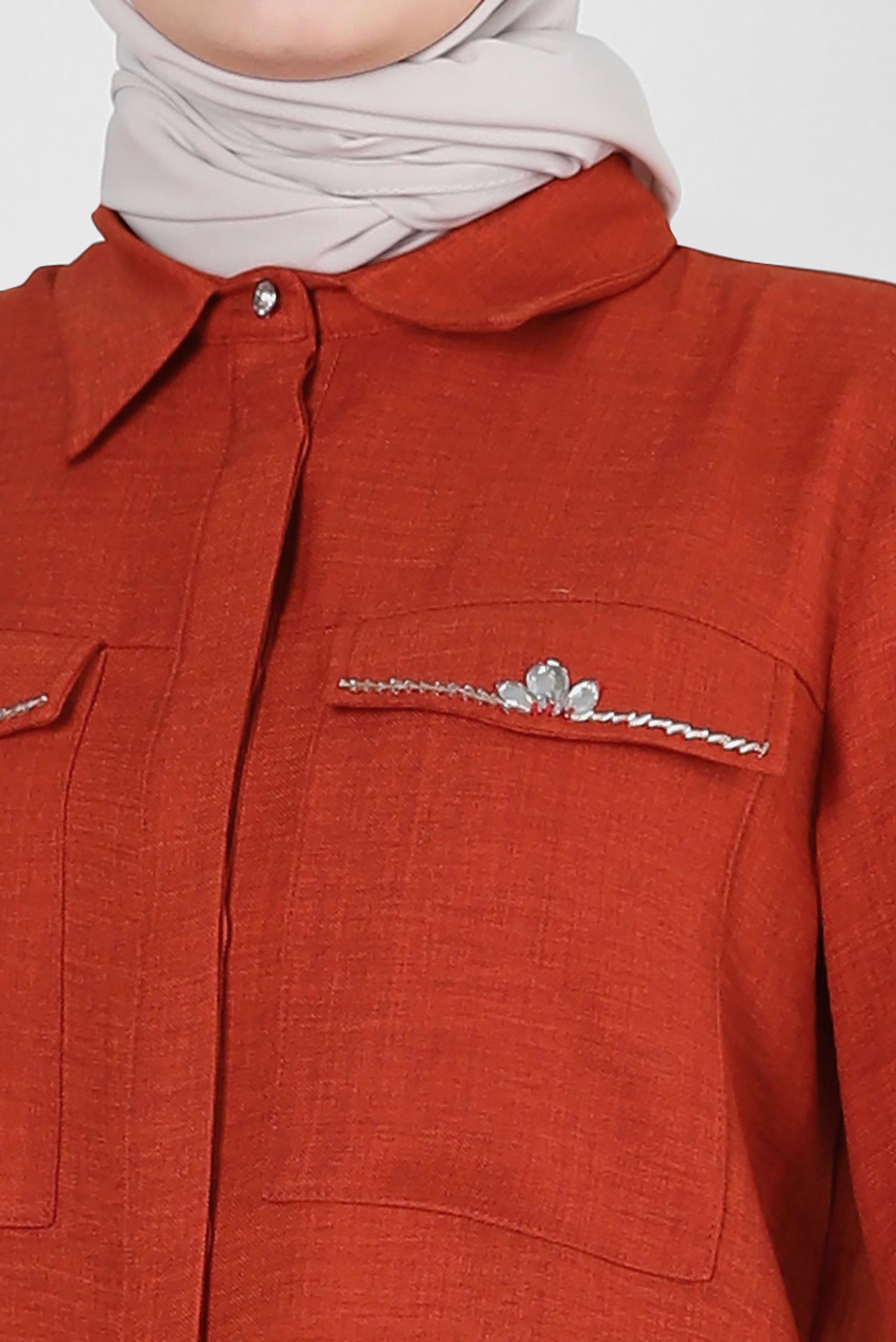 Tesettür giyim TURUNCU TAŞ DETAYLI BELİ LASTİKLİ İKİLİ PANTOLONLU TAKIM 43909