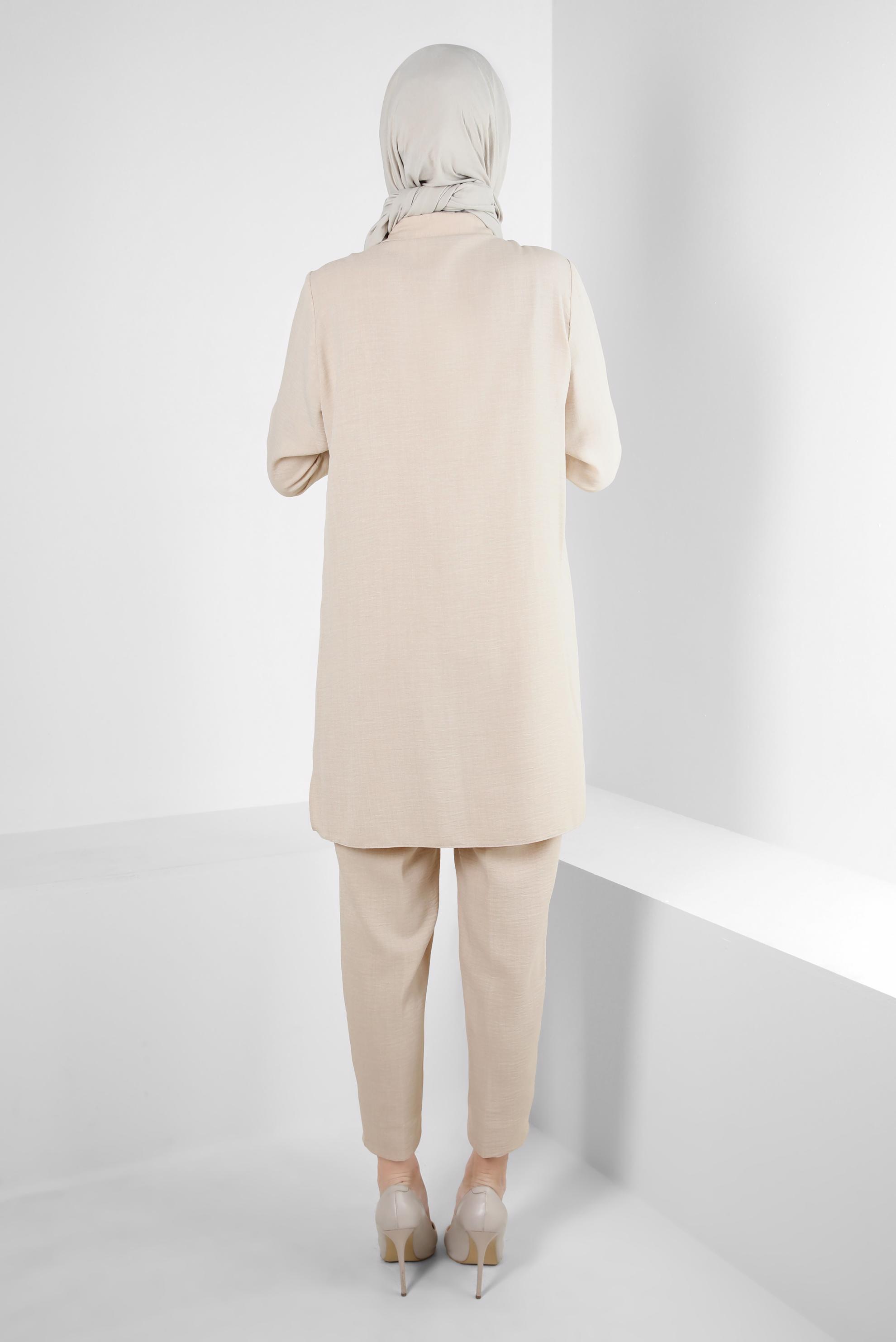 Tesettür giyim BEJ TAŞ DETAYLI BELİ LASTİKLİ İKİLİ PANTOLONLU TAKIM 43909