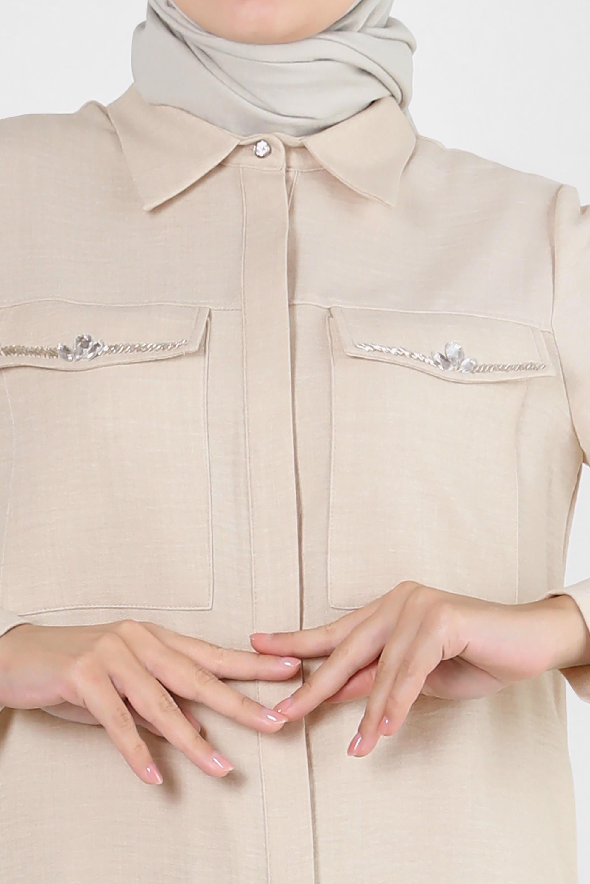 Tesettür giyim BEJ TAŞ DETAYLI BELİ LASTİKLİ İKİLİ PANTOLONLU TAKIM 43909