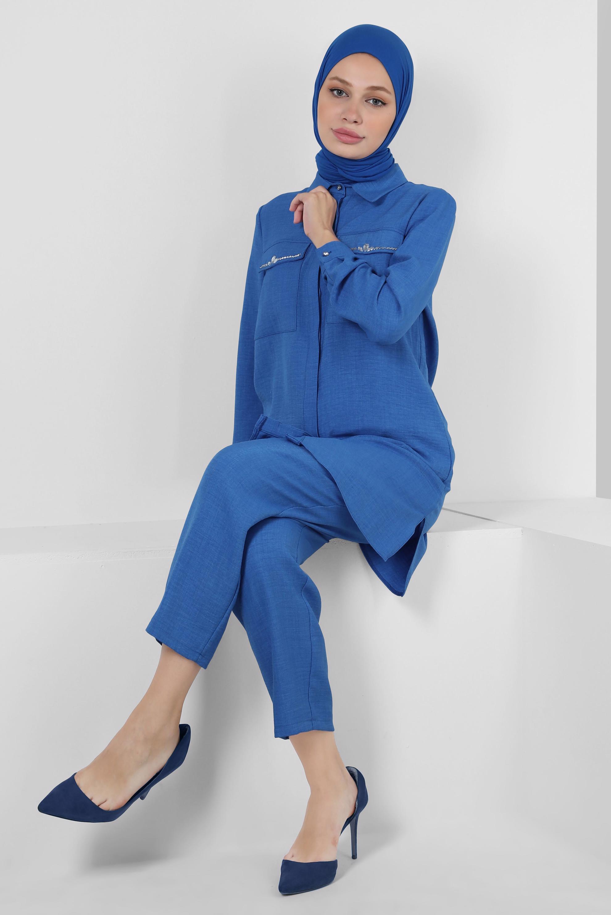 Tesettür giyim LACİVERT TAŞ DETAYLI BELİ LASTİKLİ İKİLİ PANTOLONLU TAKIM 43909