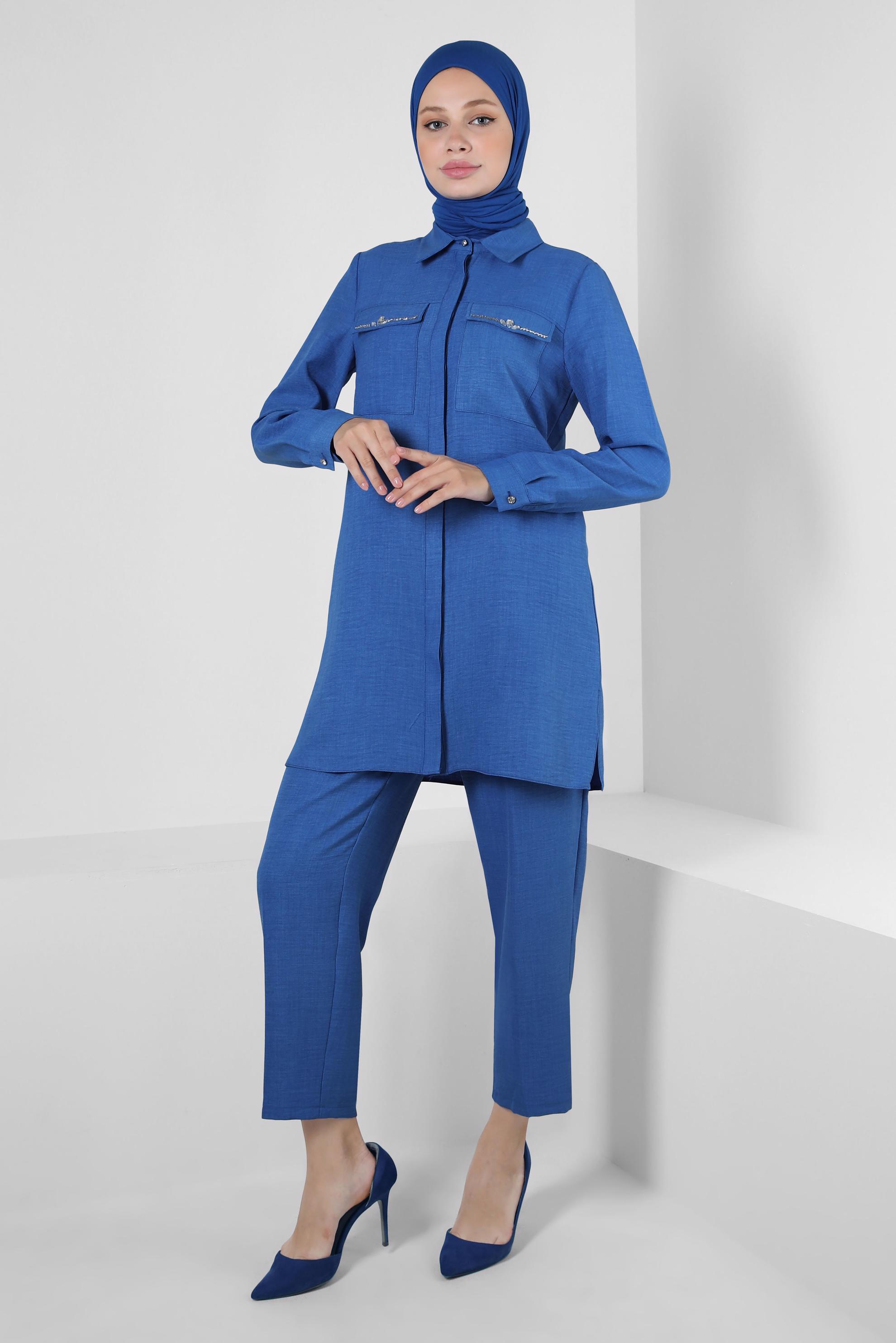 Tesettür giyim LACİVERT TAŞ DETAYLI BELİ LASTİKLİ İKİLİ PANTOLONLU TAKIM 43909