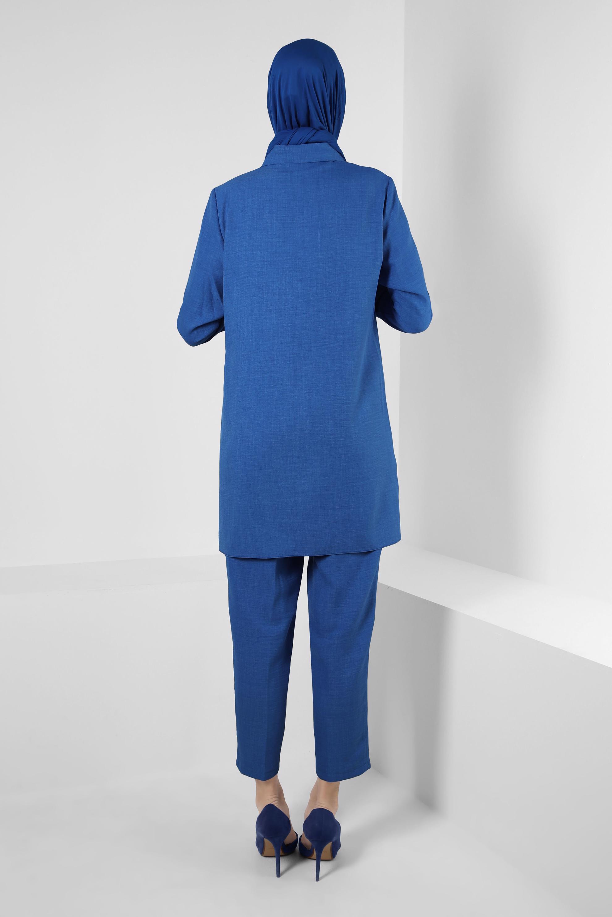 Tesettür giyim LACİVERT TAŞ DETAYLI BELİ LASTİKLİ İKİLİ PANTOLONLU TAKIM 43909