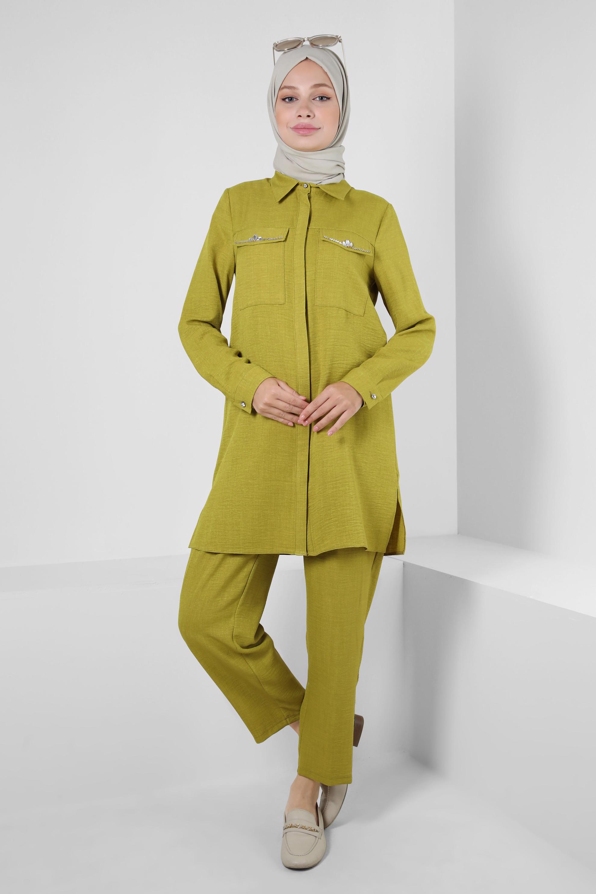 Tesettür giyim YEŞİL TAŞ DETAYLI BELİ LASTİKLİ İKİLİ PANTOLONLU TAKIM 43909