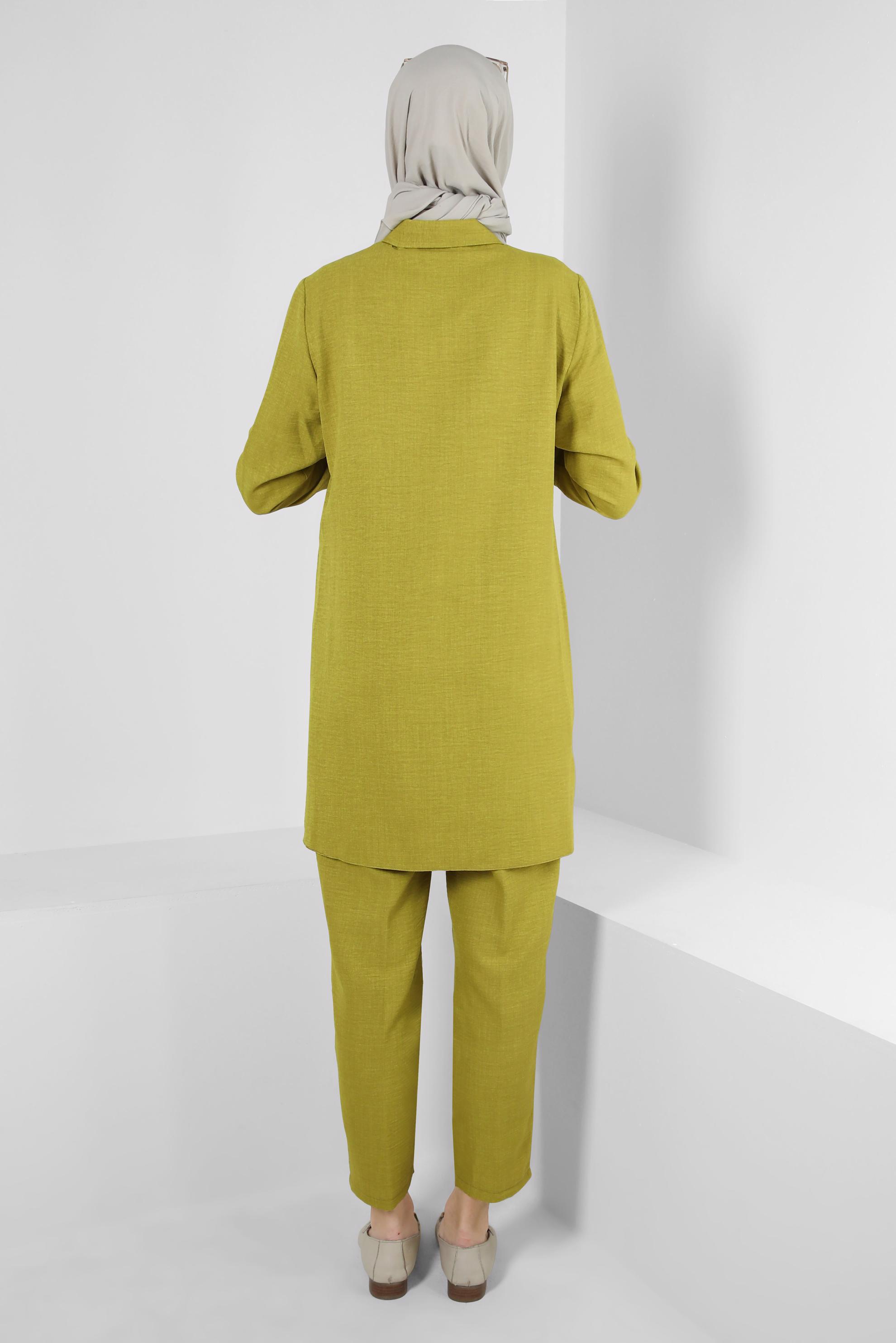 Tesettür giyim YEŞİL TAŞ DETAYLI BELİ LASTİKLİ İKİLİ PANTOLONLU TAKIM 43909