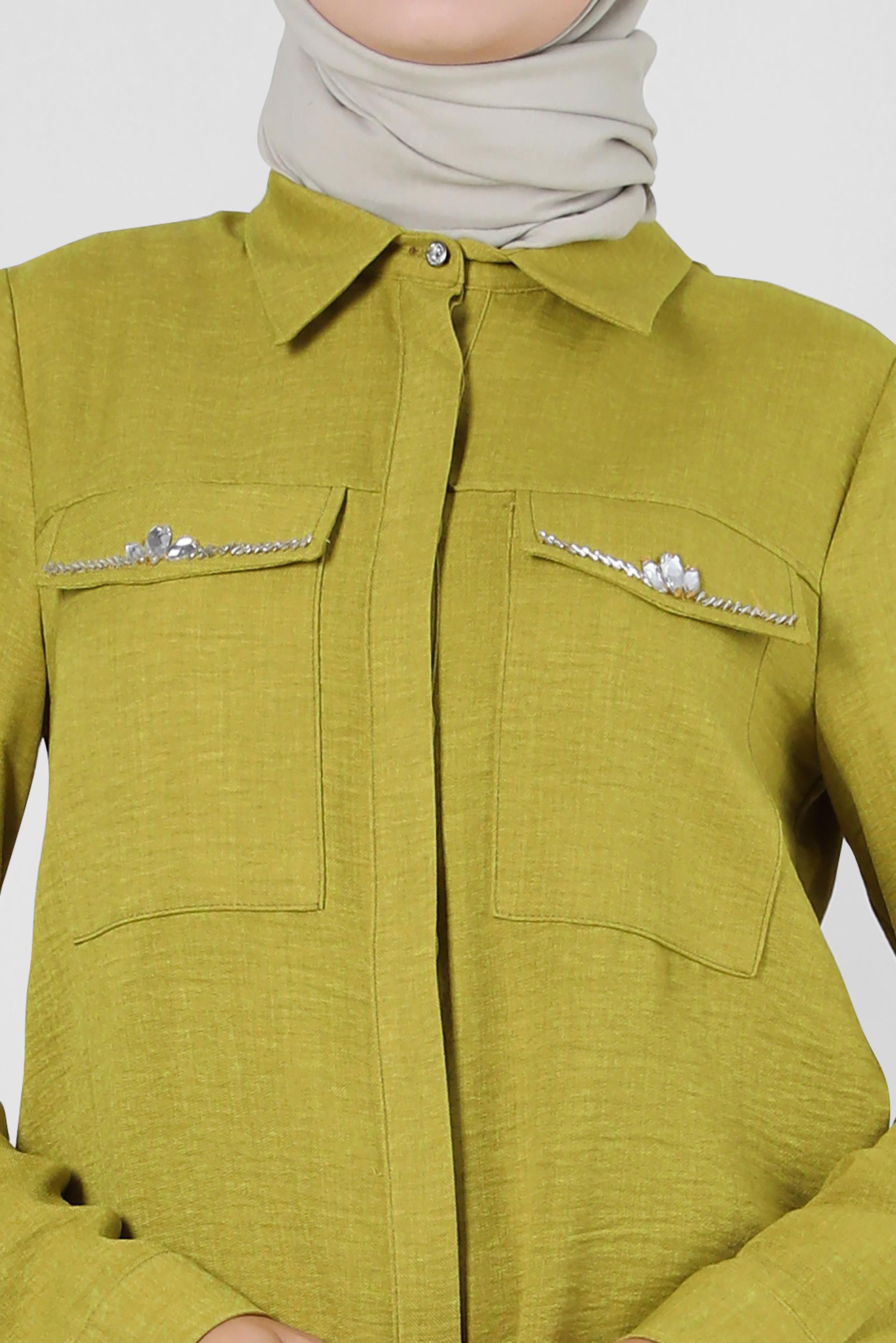 Tesettür giyim YEŞİL TAŞ DETAYLI BELİ LASTİKLİ İKİLİ PANTOLONLU TAKIM 43909