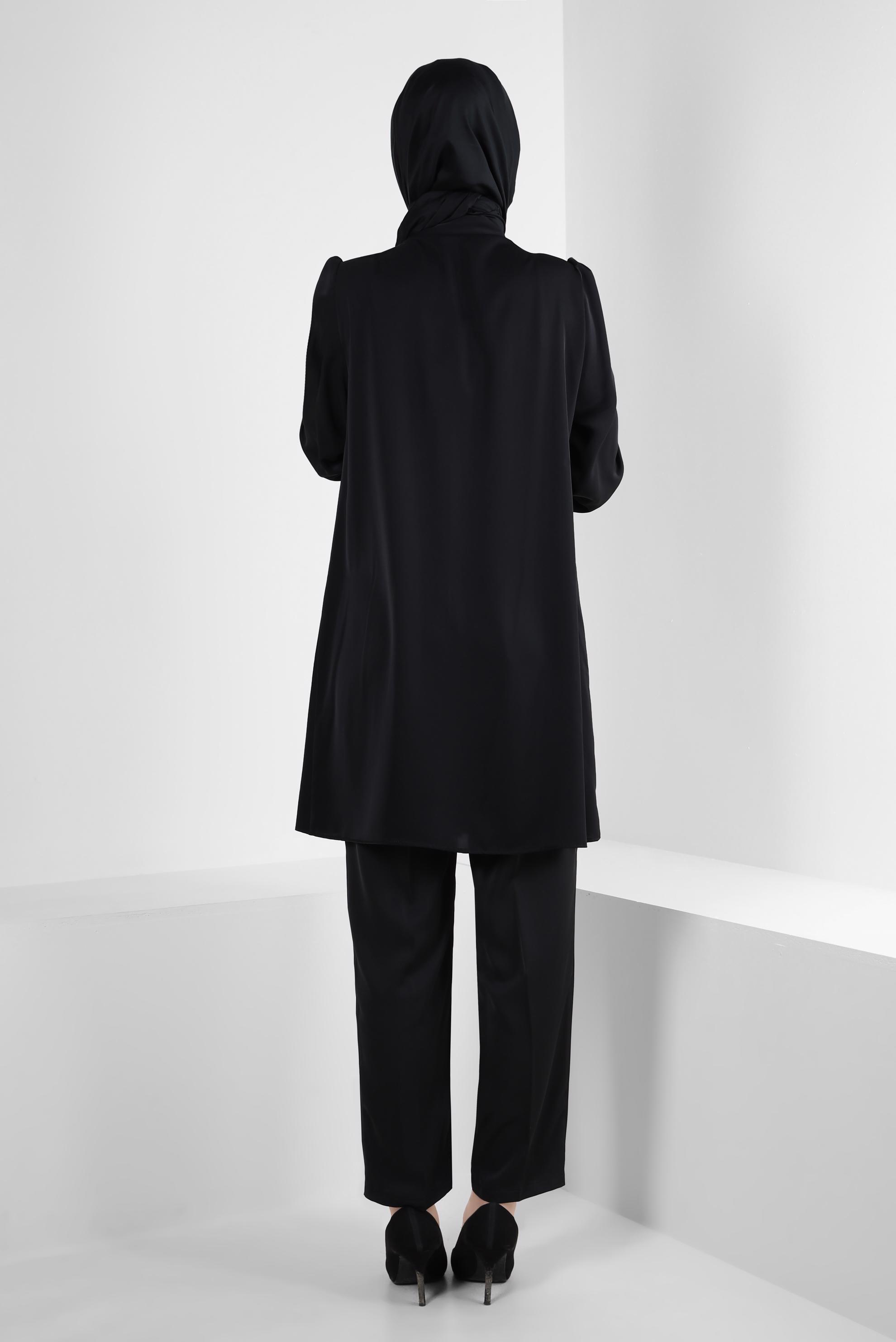 Tesettür giyim SİYAH TAŞ DETAYLI BELİ LASTİKLİ İKİLİ PANTOLONLU TAKIM 43910