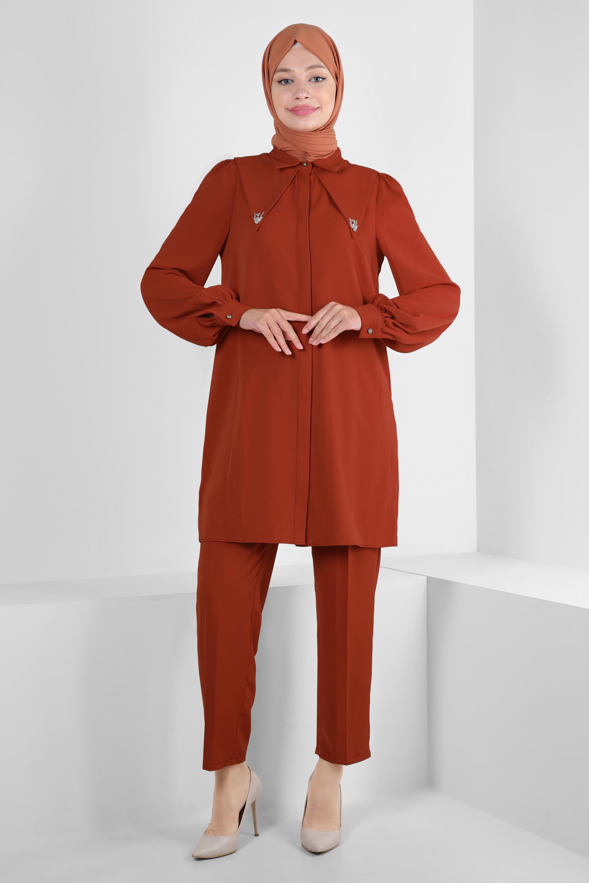 Tesettür giyim TURUNCU TAŞ DETAYLI BELİ LASTİKLİ İKİLİ PANTOLONLU TAKIM 43910
