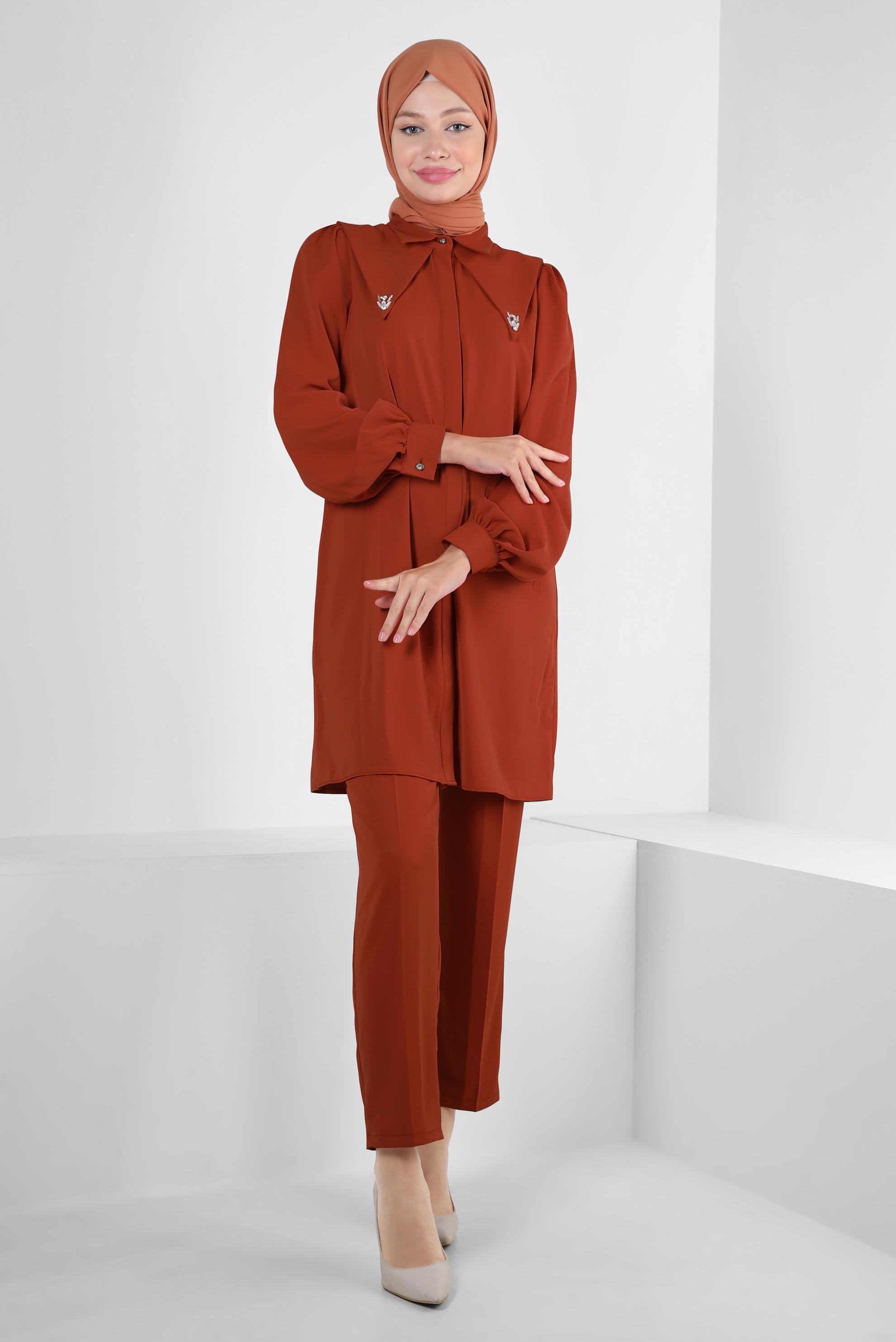 Tesettür giyim TURUNCU TAŞ DETAYLI BELİ LASTİKLİ İKİLİ PANTOLONLU TAKIM 43910