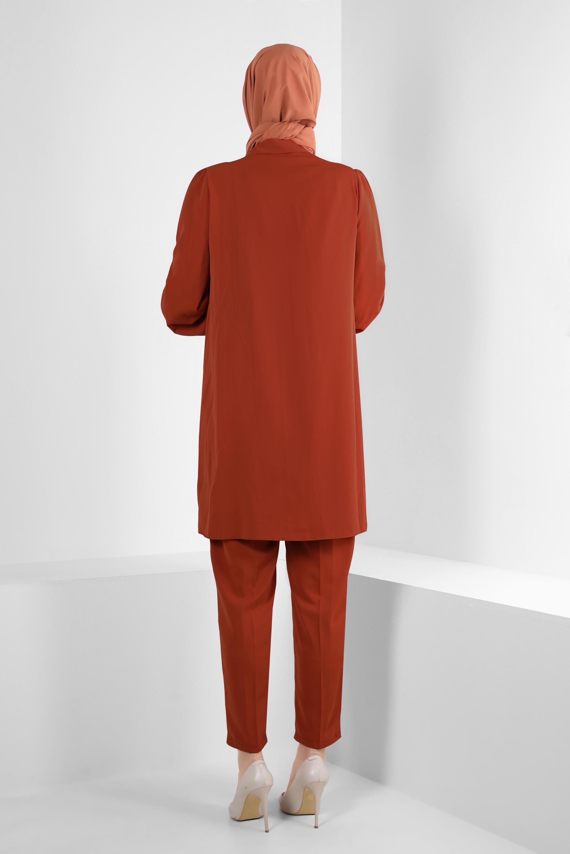 Tesettür giyim TURUNCU TAŞ DETAYLI BELİ LASTİKLİ İKİLİ PANTOLONLU TAKIM 43910