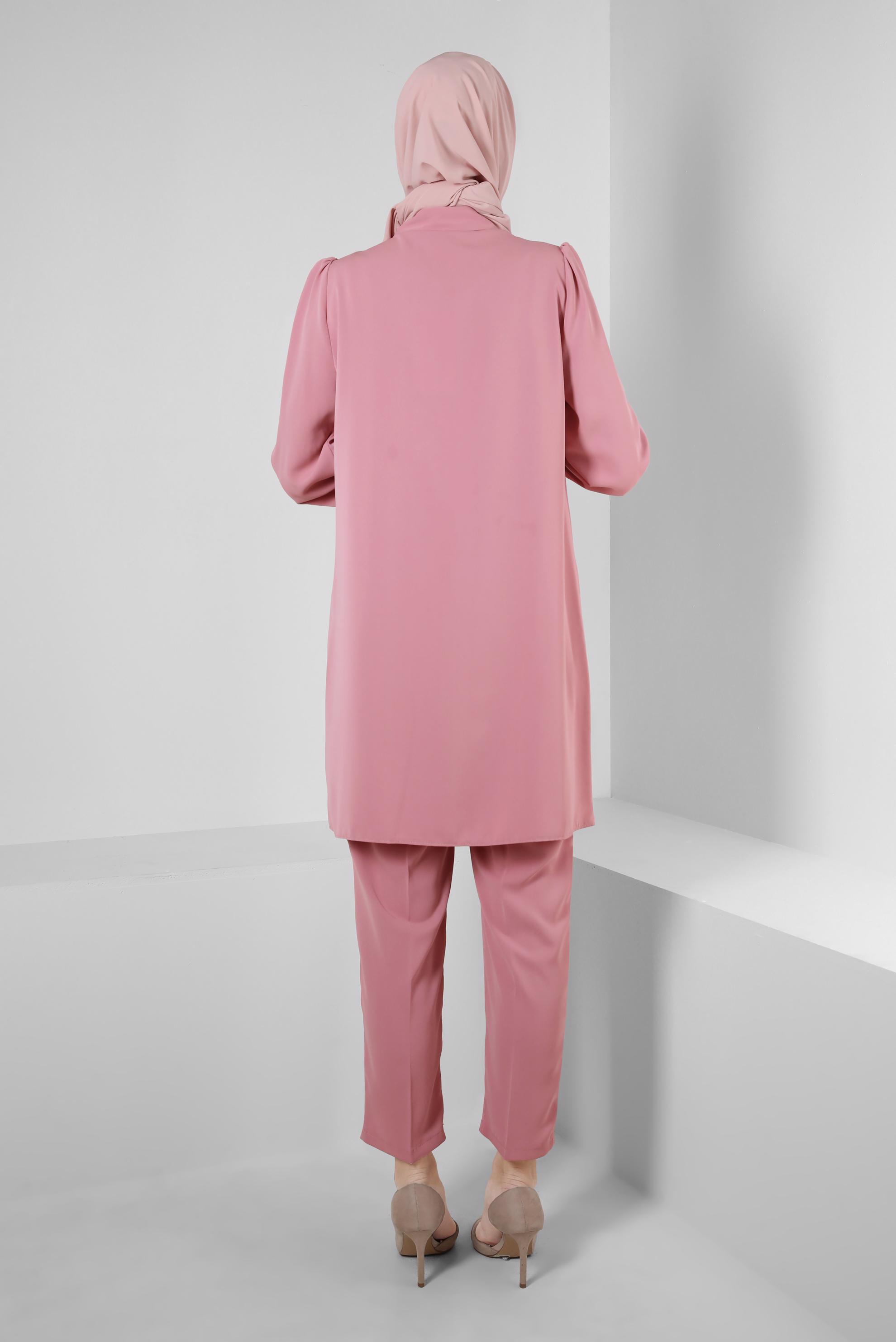 Tesettür giyim PUDRA TAŞ DETAYLI BELİ LASTİKLİ İKİLİ PANTOLONLU TAKIM 43910