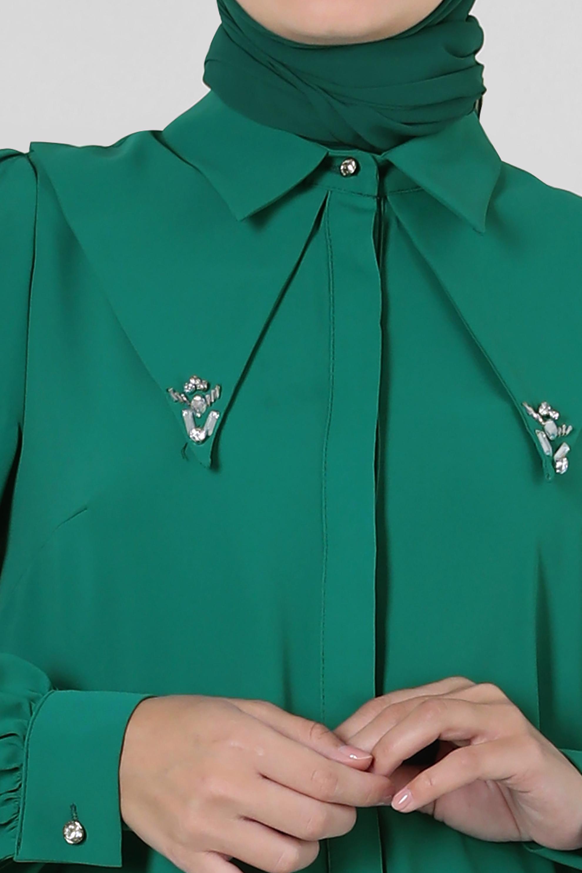 Tesettür giyim YEŞİL TAŞ DETAYLI BELİ LASTİKLİ İKİLİ PANTOLONLU TAKIM 43910