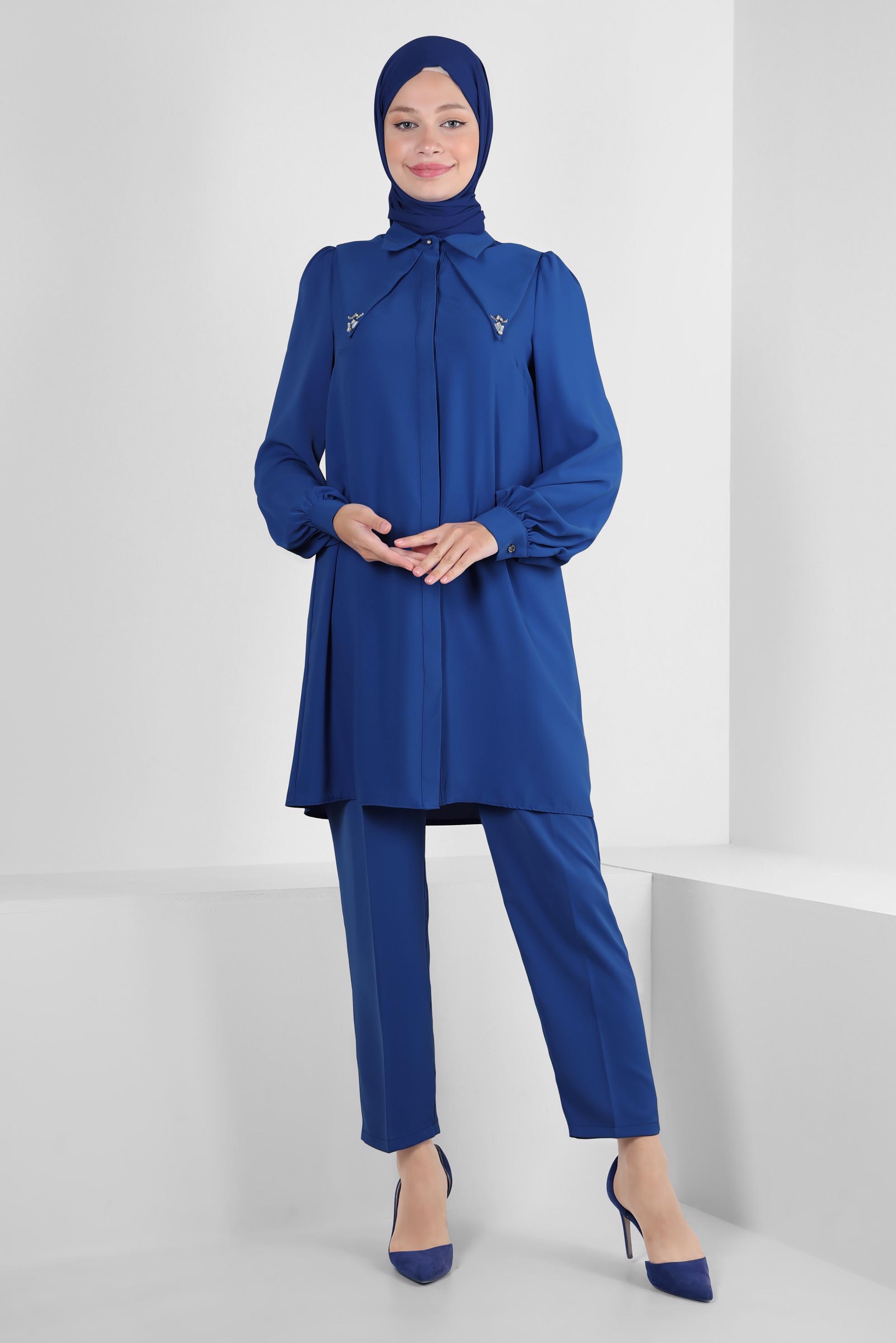 Tesettür giyim LACİVERT TAŞ DETAYLI BELİ LASTİKLİ İKİLİ PANTOLONLU TAKIM 43910
