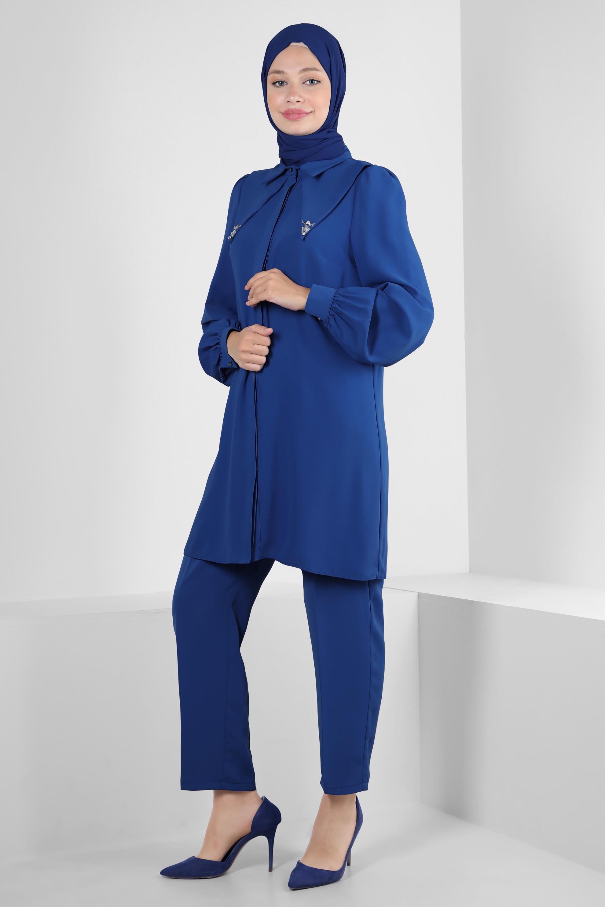 Tesettür giyim LACİVERT TAŞ DETAYLI BELİ LASTİKLİ İKİLİ PANTOLONLU TAKIM 43910