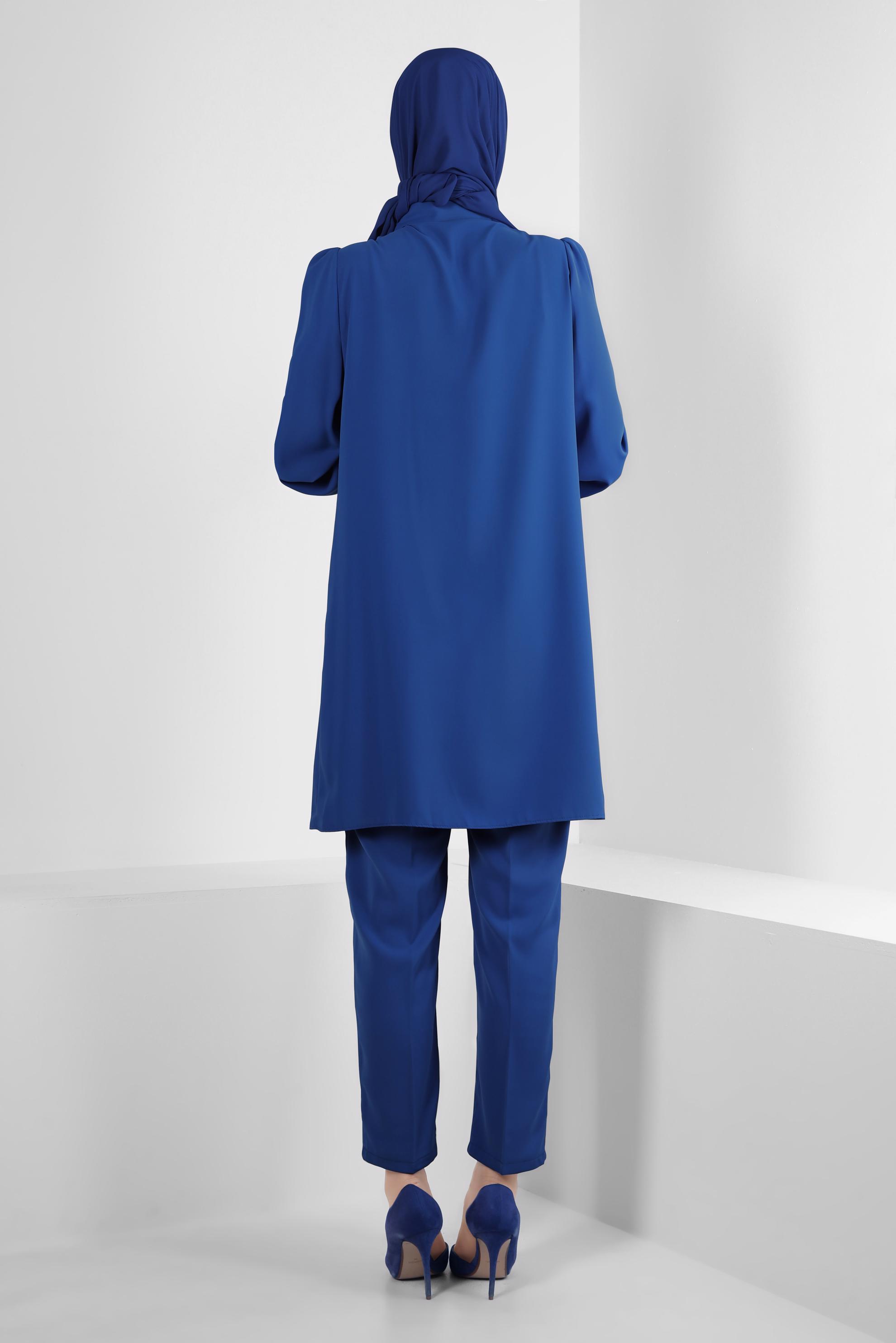 Tesettür giyim LACİVERT TAŞ DETAYLI BELİ LASTİKLİ İKİLİ PANTOLONLU TAKIM 43910