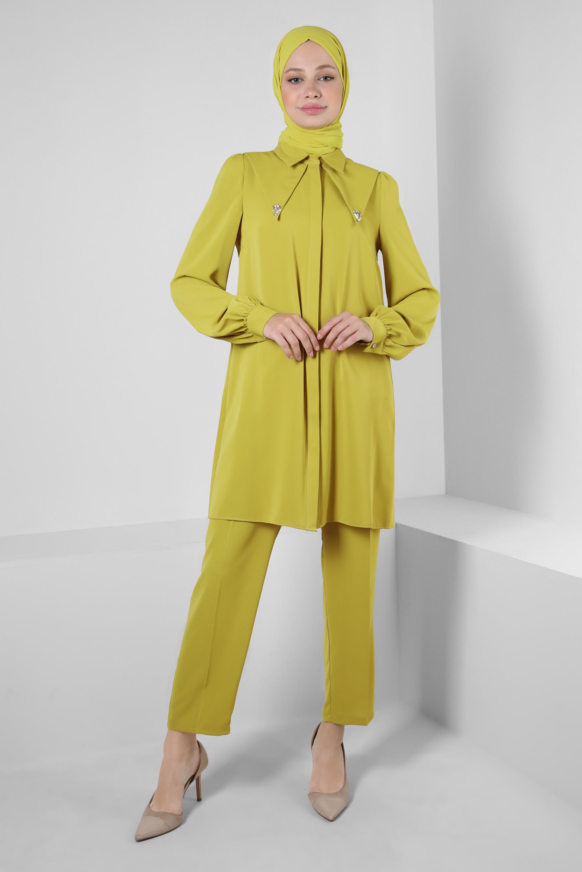 Tesettür giyim YEŞİL TAŞ DETAYLI BELİ LASTİKLİ İKİLİ PANTOLONLU TAKIM 43910